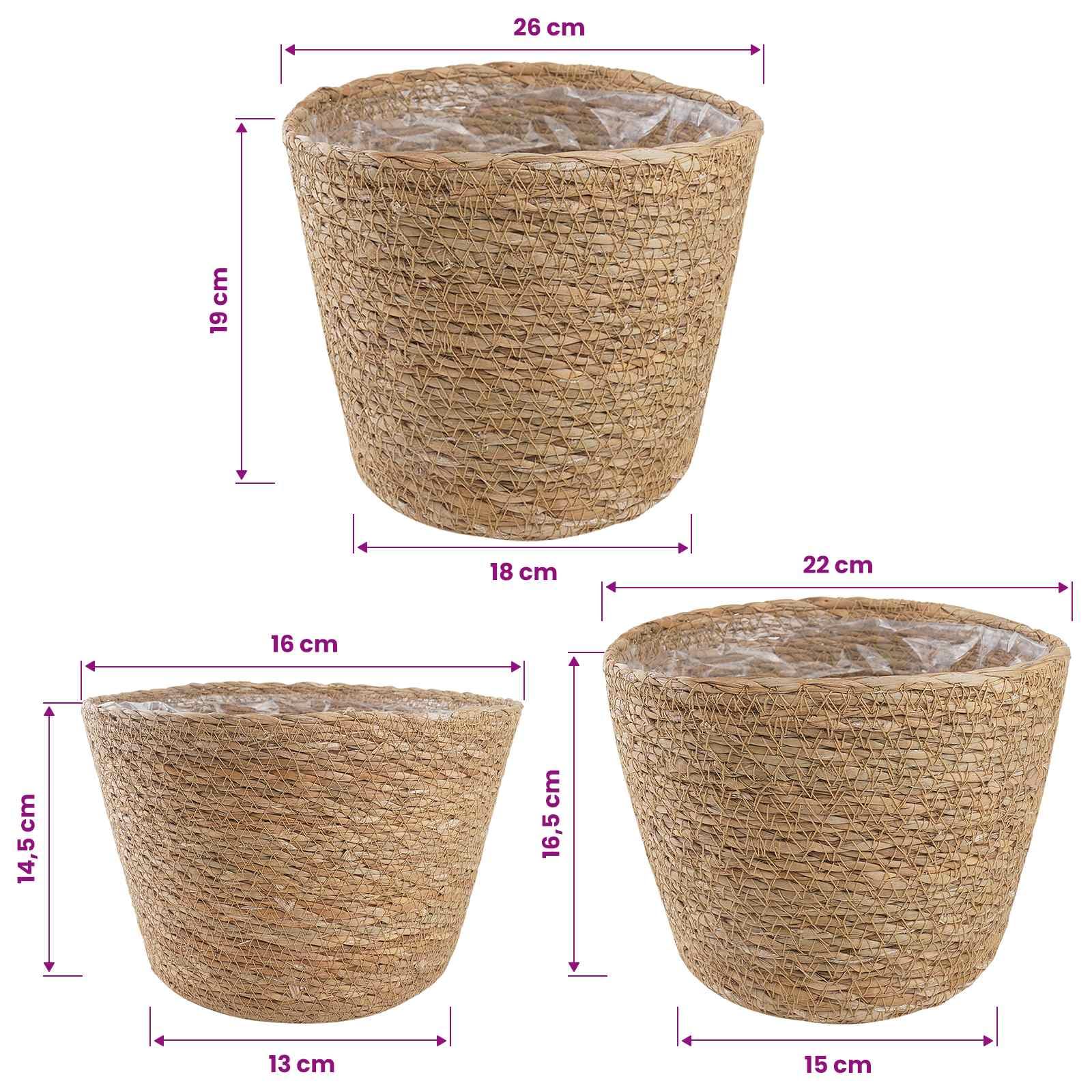 Paniers à Plantes en Herbe de Mer Lot de 3, Cache-Pots Tressés à la Main Style Naturel et Bohème pour Intérieur et Extérieur, Pots Cylindriques en Osier pour Salon et Terrasse, Ø26 x 19 cm