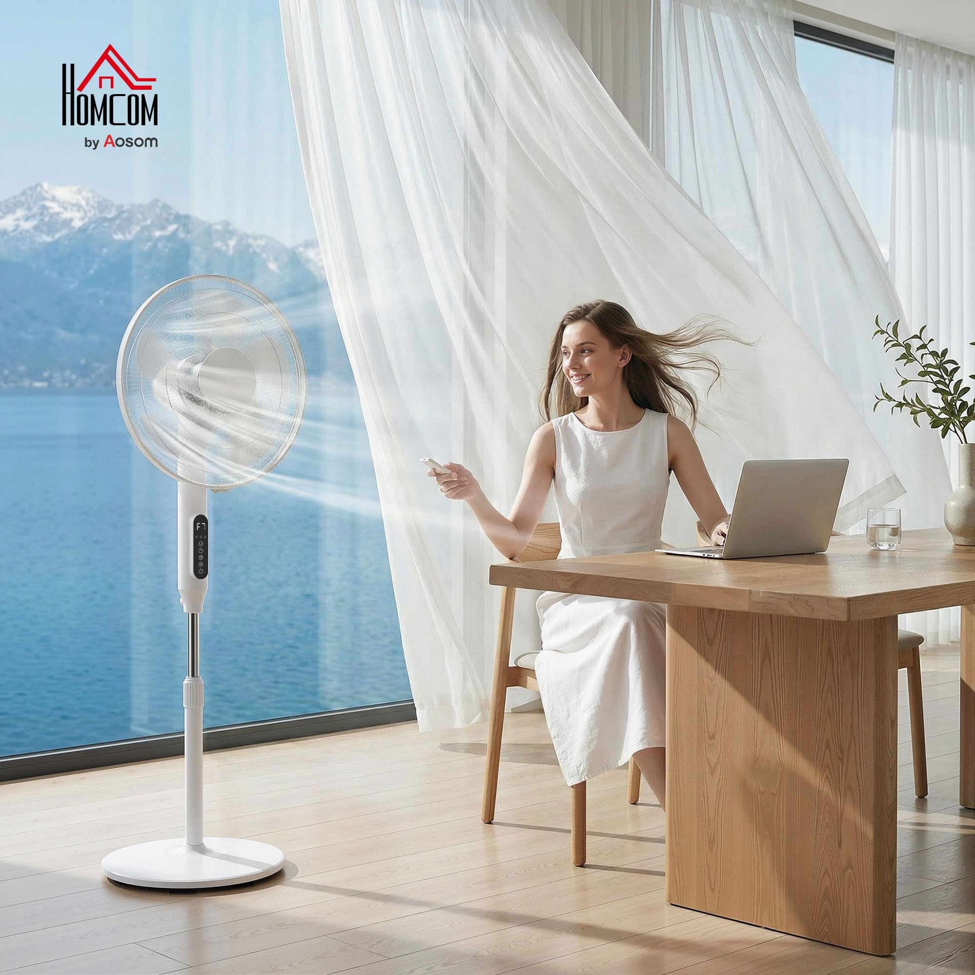 HOMCOM Ventilatore a Piantana 45 cm con Telecomando, 3 Velocità, Altezza Regolabile, Timer 15h, WIFI Controllo, Oscillante, Ventilatore da Terra per Camera, Bianco