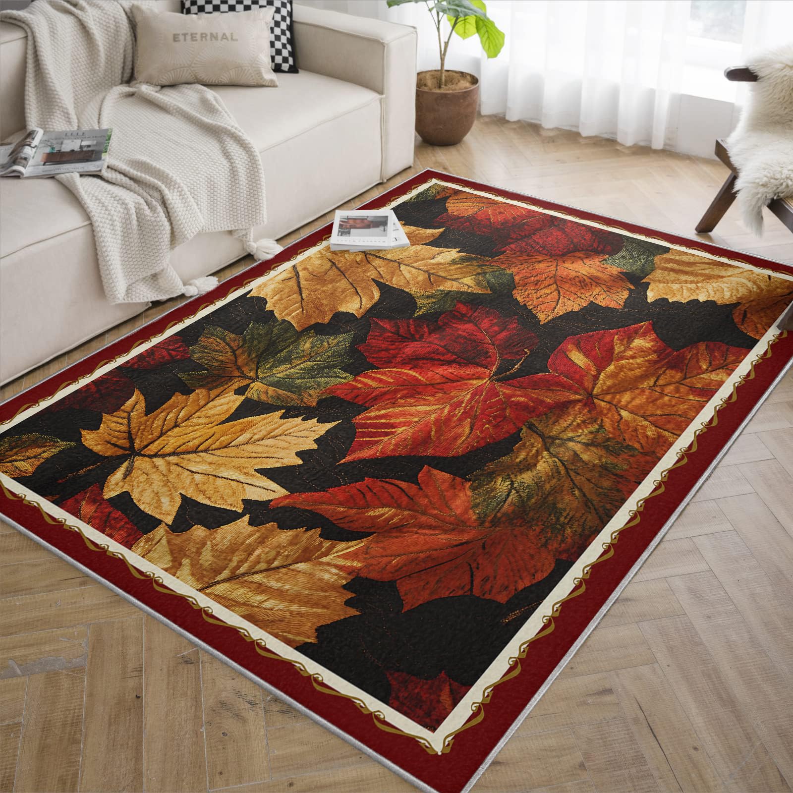 120x180cm Tapis de Salon Lavable en érable coloré Rugs bohème à Poil Bas pour Chambre Salle à Manger Bureau Feuilles d’Automne Tapis d’intérieur
