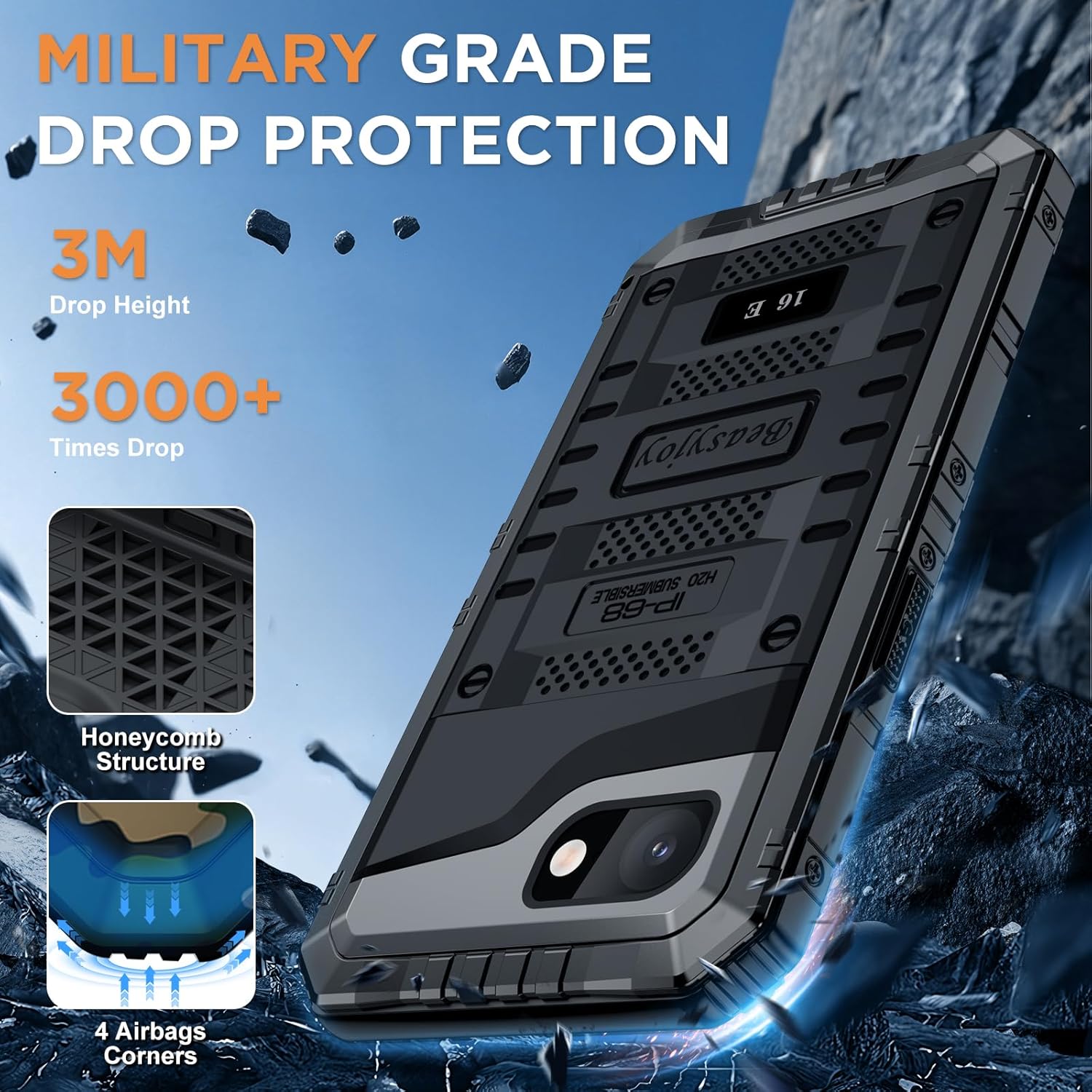 Beasyjoy for iPhone 16e Case Waterproof, Metal Heavy Duty Full Body Protective Case with Built-in Screen Protector, Military Grade Shockproof Defender Cover for iPhone 16e 6.1", Black - Image 4