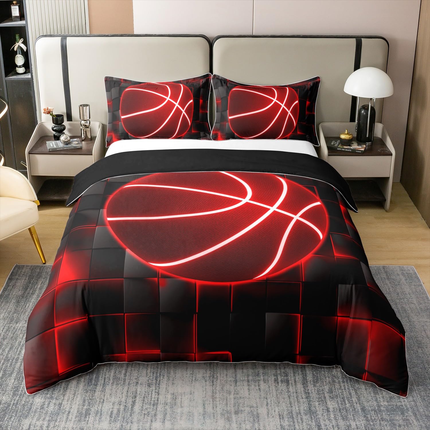 Homemissing Basketball Duvet Cover 100% Cotton Double Kids Gaming Sports Comforter Cover Set Red and Black Bedding Set Geometric Honeycomb Bedspread Cover Quilt Cover No Comforter