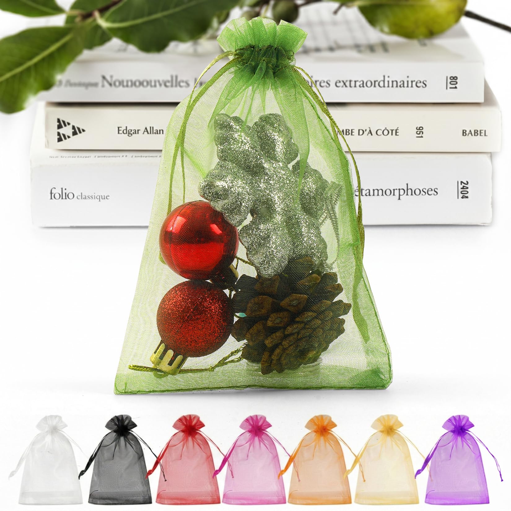 ANZNKU 100PCS Premium Green Organza Bags 5x7 inches, Mesh Gift Bag Drawstring, Small Gift Bags for Birthday Party Wedding Favors, Easter & St.