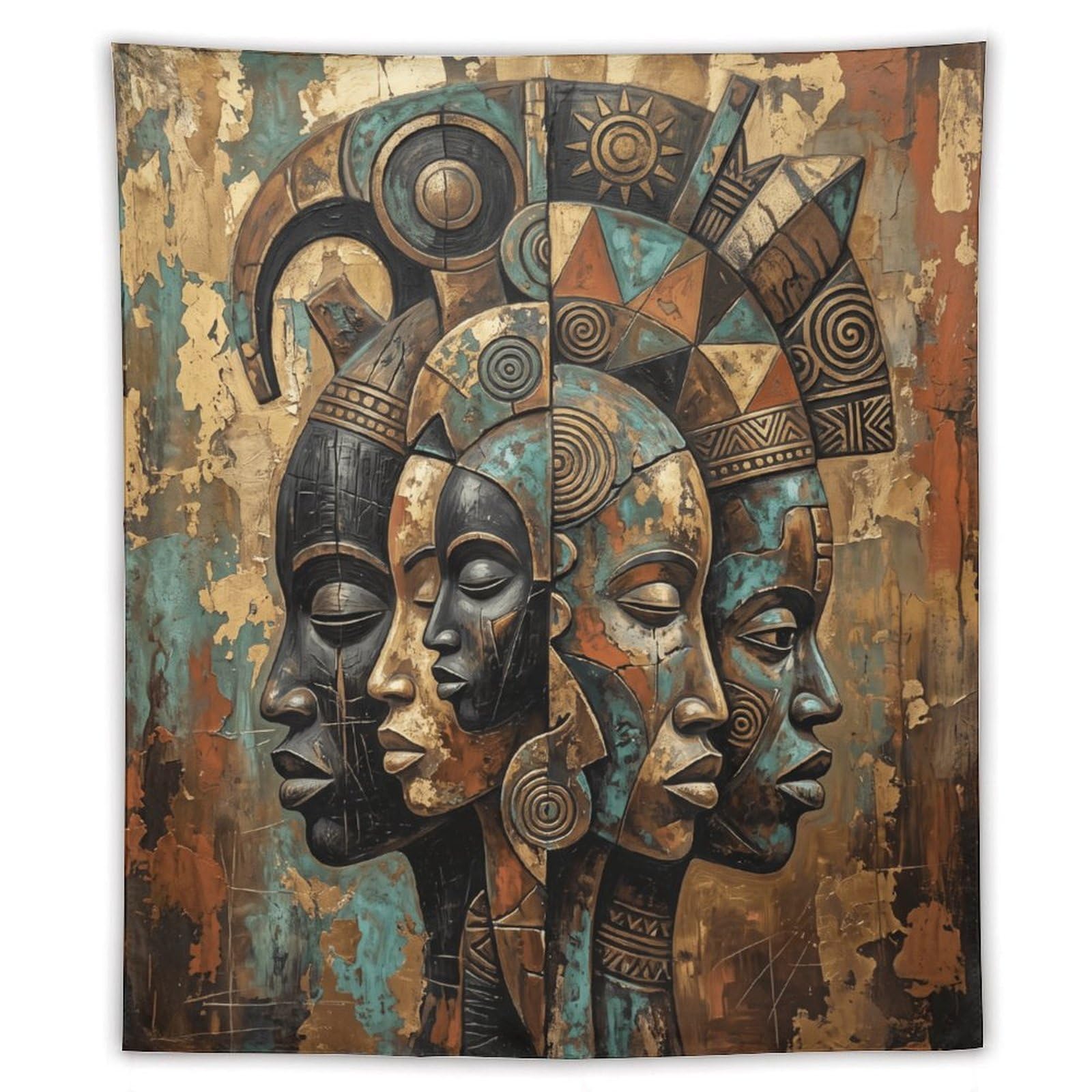 W7C8U2X3 African Mask Portraits Wall Tapestry, Detailed Illustration Style