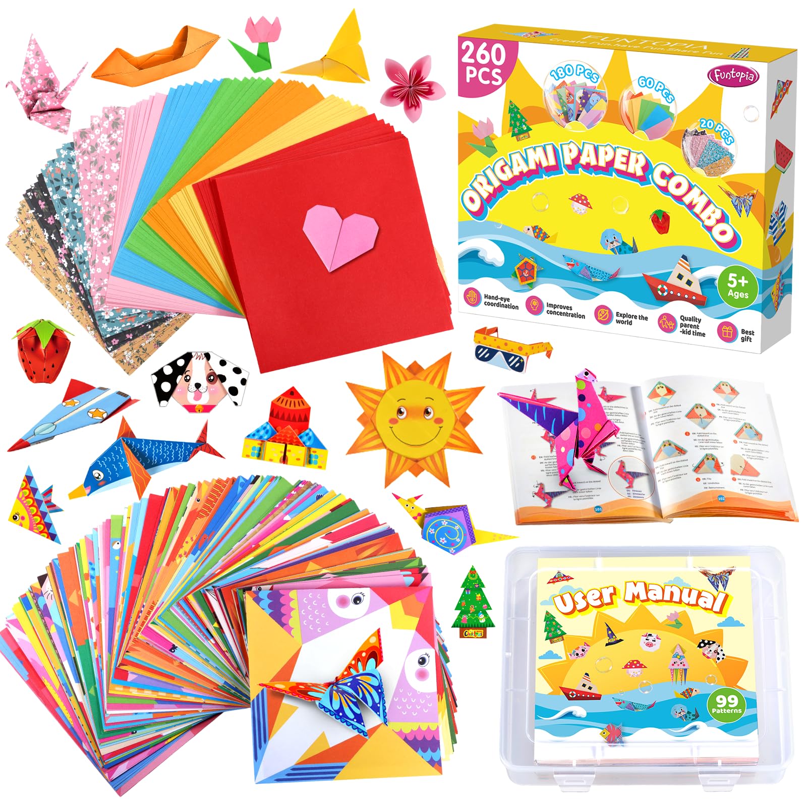 Kit de origami para niños de 5 a 8 años, 260 hojas de papel de origami con 99 patrones y libro guía Funtopia, manualidades, proyectos de arte, suministros para niños, niñas, viajes, escuela, vacaciones, actividades, juguete