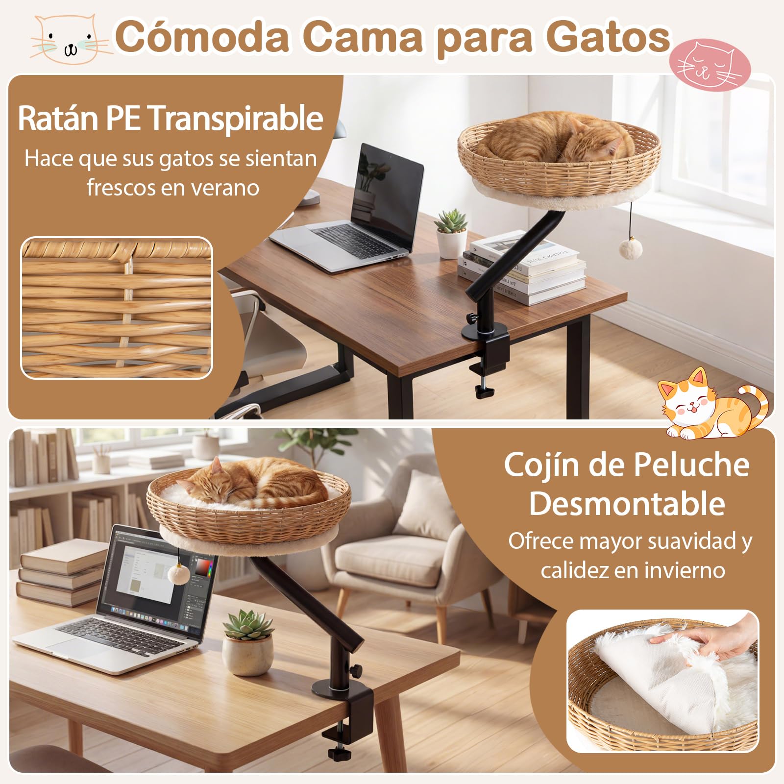COSTWAY Cama Gato para Escritorio, Hamaca para Gatos Giratoria de 360° de Ratán con Cojín Extraíble y Bola Colgante, Cama para Gatos, Nido Suave para Mascotas para Oficina, Hogar, sin Taladrar