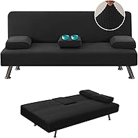 H.VERSAILTEX 4-Piece Black Stretch Futon Slipcover with Armrest & Cupholder Covers - High Spandex Jacquard, Fits 62-74" Sofa Beds
