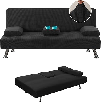 LiveGo Futon Cover 4 قطع تمتد Futon يغطي أريكة سرير Slipcover مع مساند للذراعين القابلة للإزالة و Cupholders يغطي الأثاث حامي عالية دنة صغيرة الشيكات الجاكار النسيج الأسود