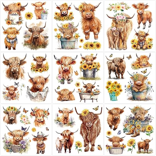 JarThenaAMCS 9 hojas de calcomanías de transferencia con diseño de vaca de las tierras altas, girasol, vaca, lindos animales, florales, muebles,