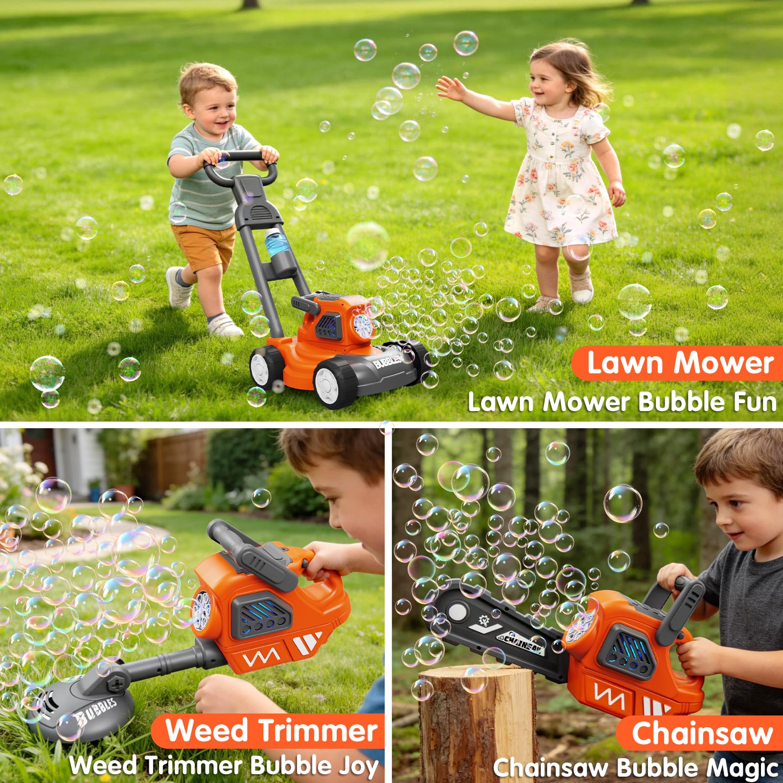 Tosaerba Spara Bolle per Bambini, Macchina per Bolle 3-in-1 con 10 Soluzioni, Giochi all'Aperto per Bambini 3-8 Anni, Regalo di Compleanno Pasqua Estate per Ragazzi e Ragazze 3 4 5 6 7 8 Anni