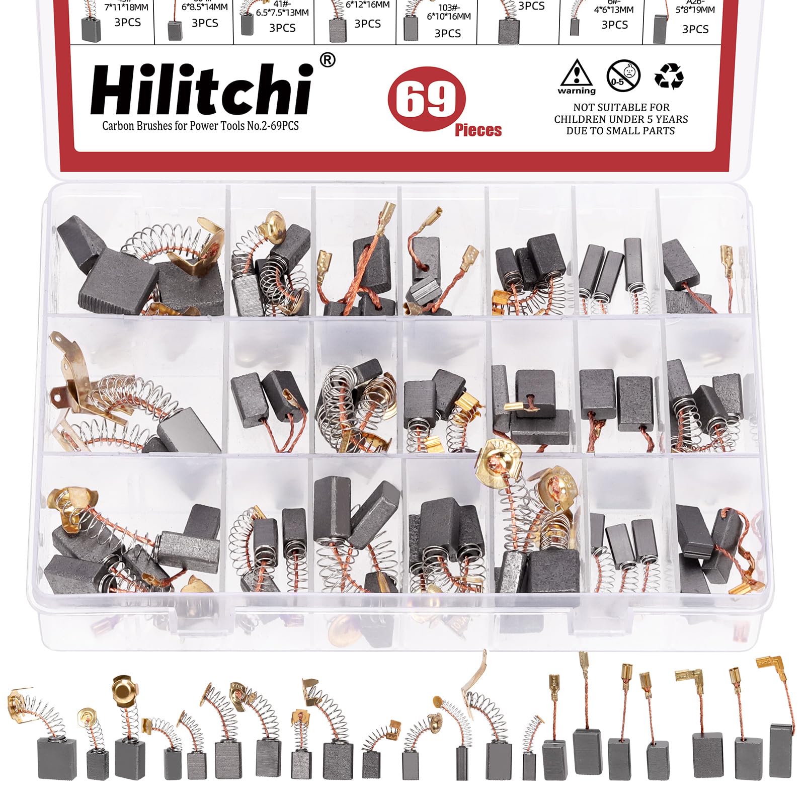 69-Piece 23-Size Carbon Brush Assortment Kit – Replacement Brushes For Angle Grinders, Hammer Drills, Saws & More – Includes Storage Case