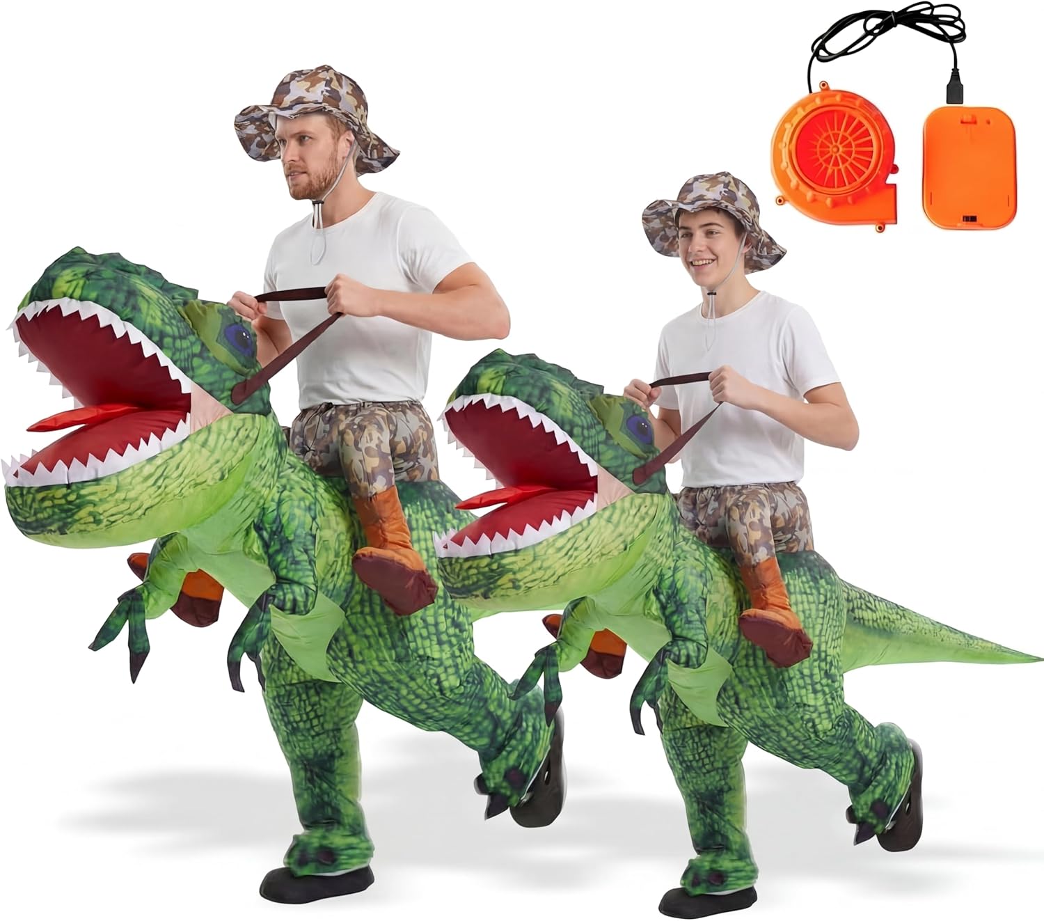 Capoda 2 Pcs Inflatable Riding Dinosaur Costume Adults Family Blow up Riding T Rex Cosplay Suits with Built-in Blower Funny Dinosaurs Theme Costume Set for Halloween Birthday Party Cosplay