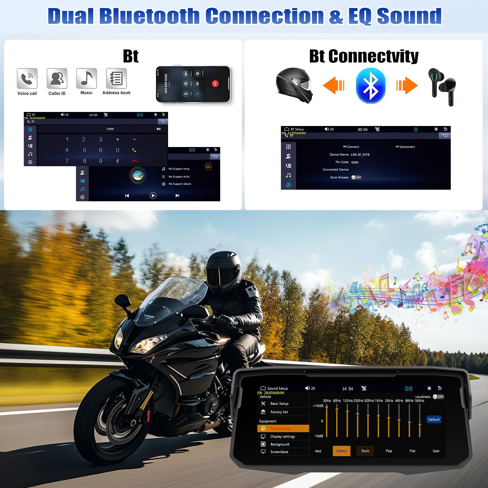 [2026] CAMECHO Wireless Carplay Pantalla de Motocicleta de 6.86 Pulgadas con Android Car IP68 Resistente al Agua, Navegador de Pantalla Táctil con Bluetooth Airplay Android Cast EQ Sound + 1280*480 HD