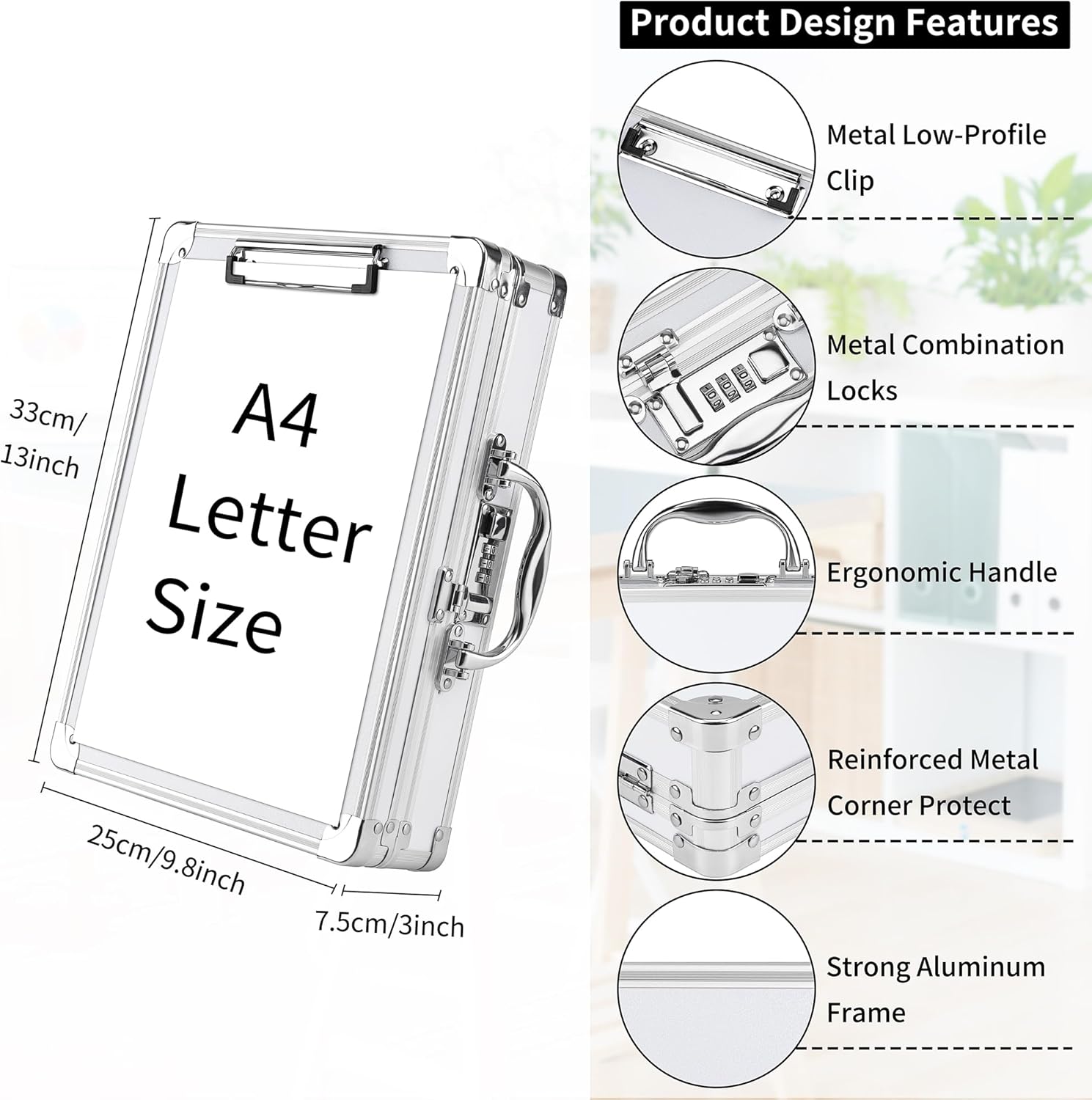 Clipboard Combination Lock Clipboards with Storage Briefcase Heavy Duty Box Aluminum Metal with Handle, Storage Clipboard Maximum Security Large Capacity, White