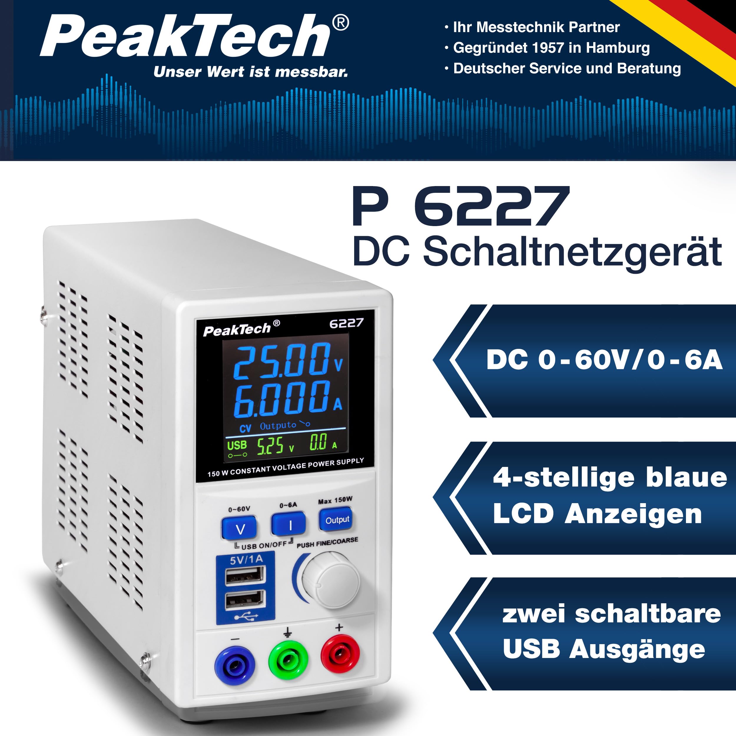 PeakTech 6227 - Labornetzteil DC 0- 60V 0- 6A 150W Labornetzgerät USB