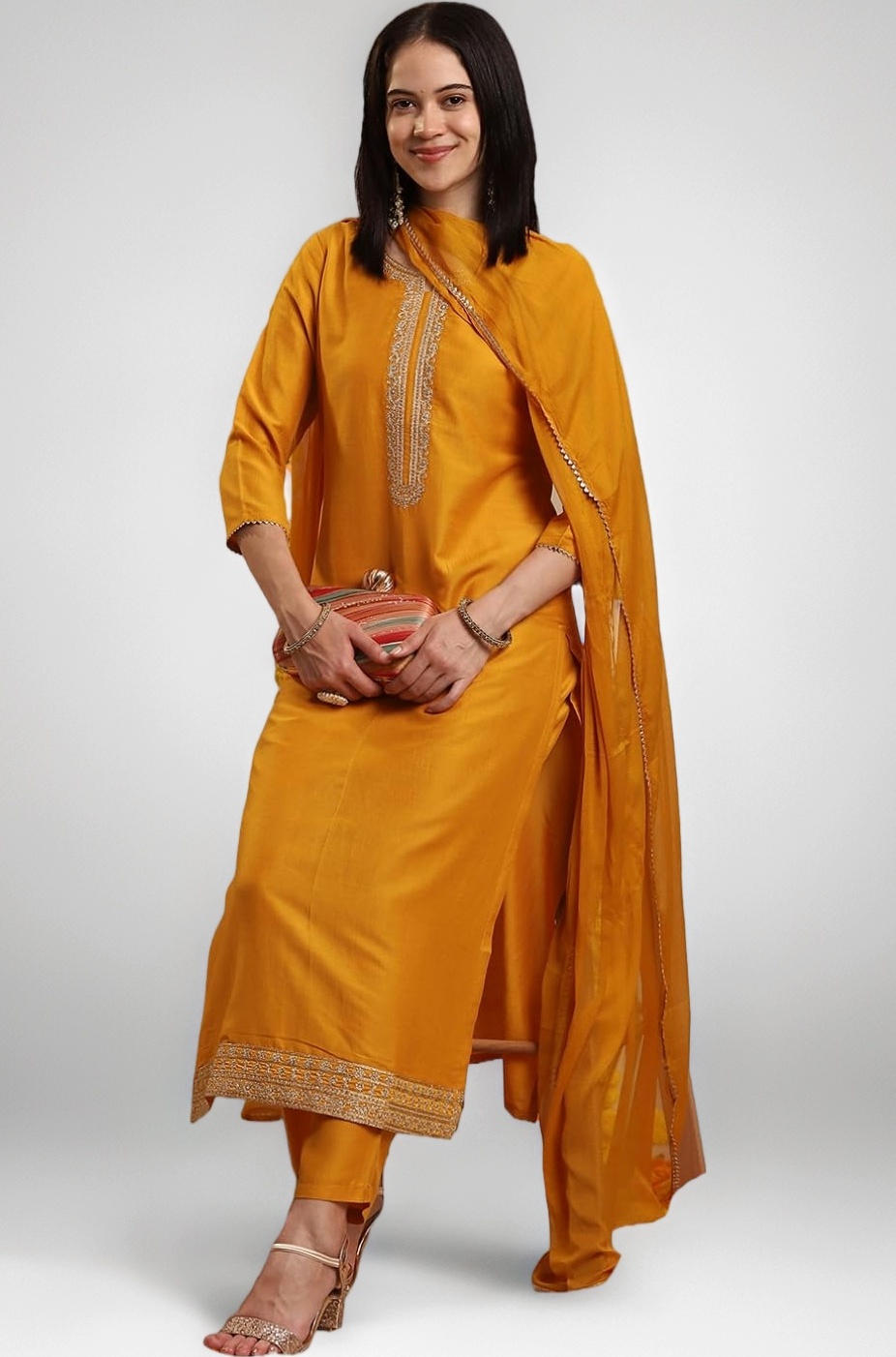 GoSriKi Women's Rayon Blend Straight Embroidered Kurta with Pant & Dupatta