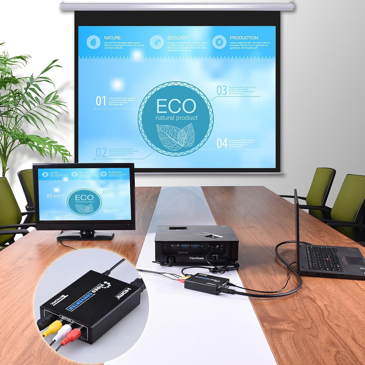 Example setup showing a laptop connected via the Tendak converter to a projector and an old monitor