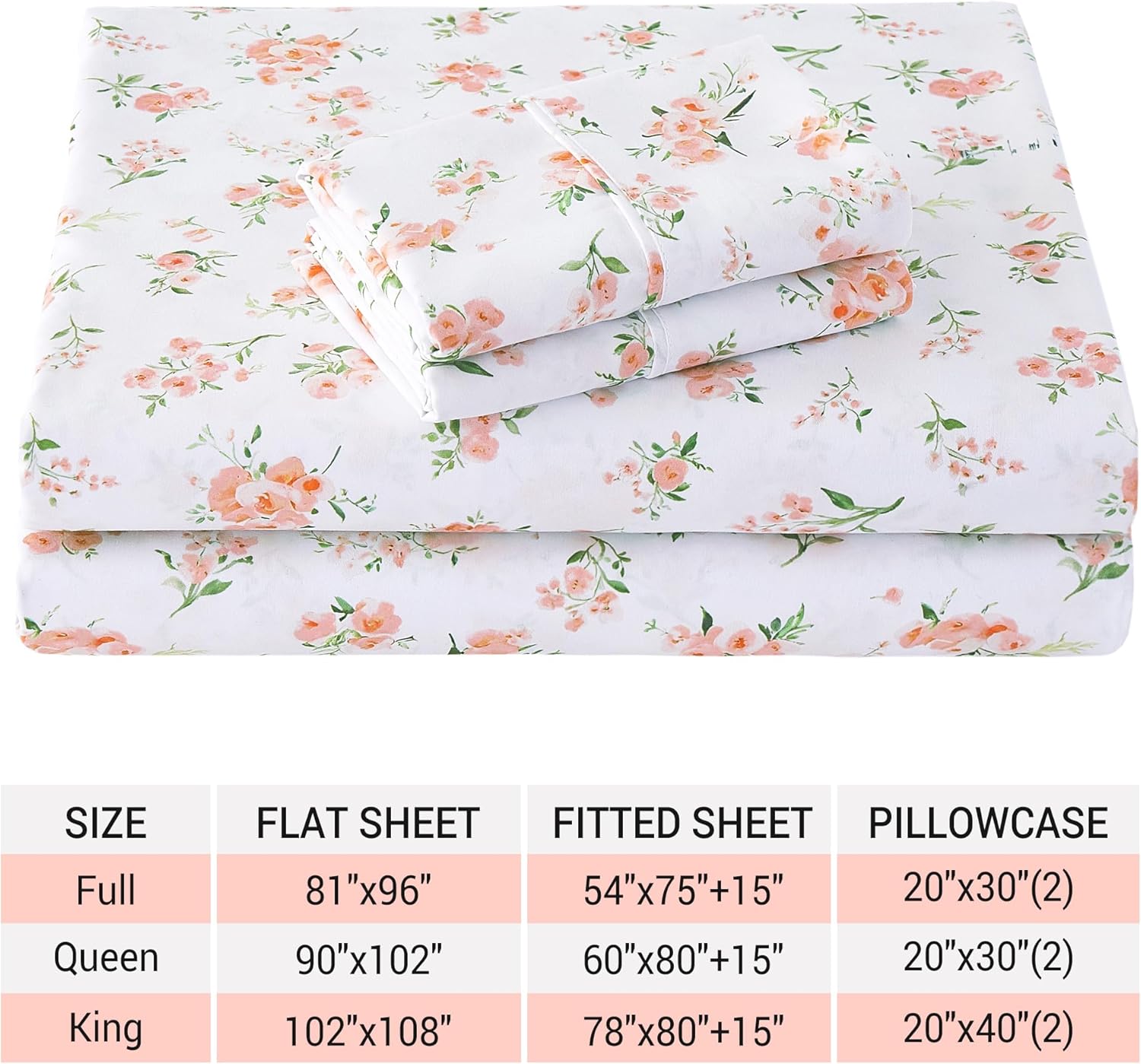 Viviland Floral Full Sheet Set - 4 Piece Vintage Pink Flower and Leaves Patterned Bed Sheets - Soft, Breathable Microfiber Sheets with Deep Pocket, Non-Slip Fitted Sheets & Pillowcases - Image 7