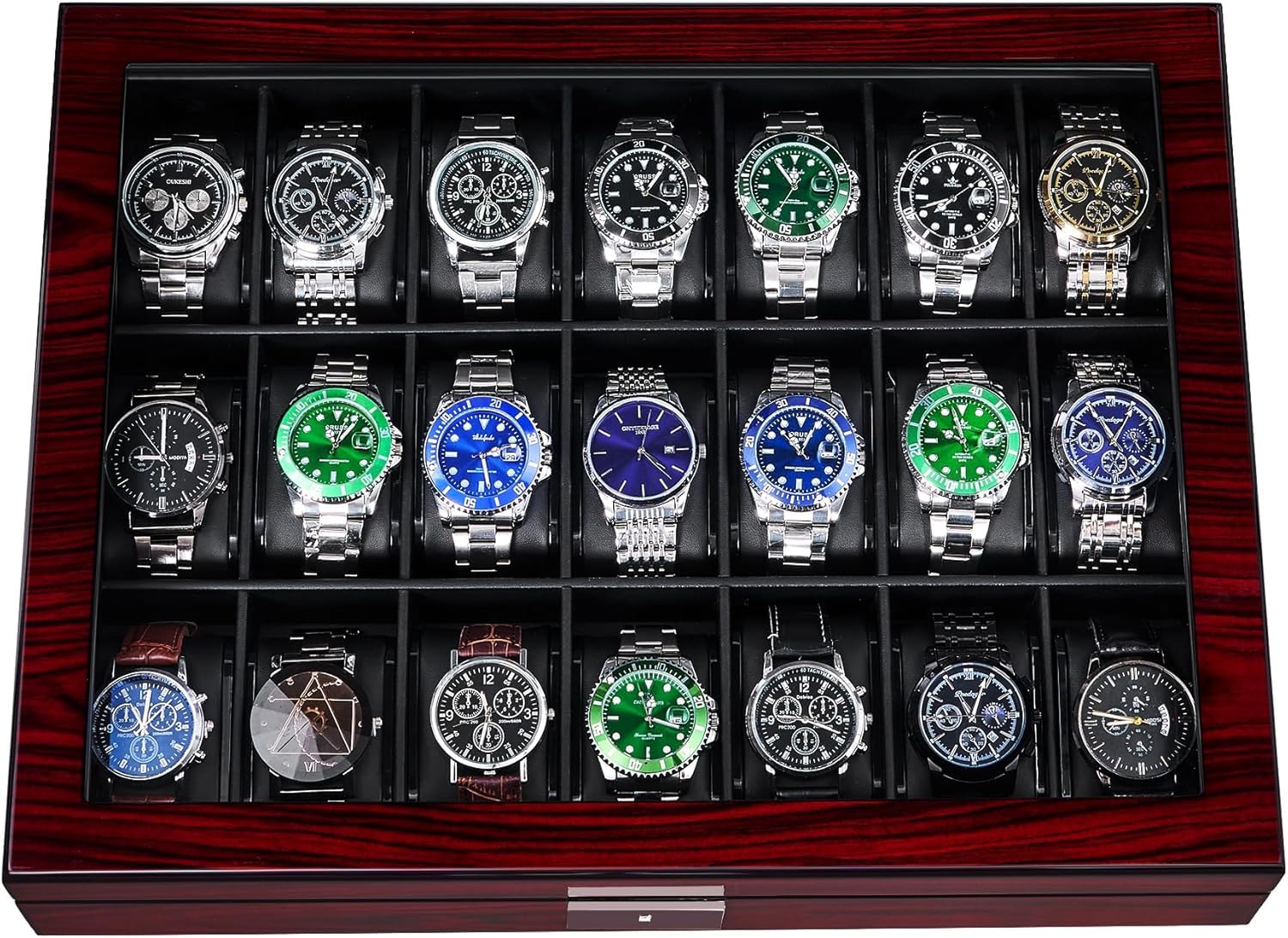 ANWBROAD Caja de relojes con 21 compartimentos, caja de joyería para hombre, con gran tapa de vidrio, vitrina de relojes, organizador de relojes con cierre, lujoso soporte de relojes para regalo