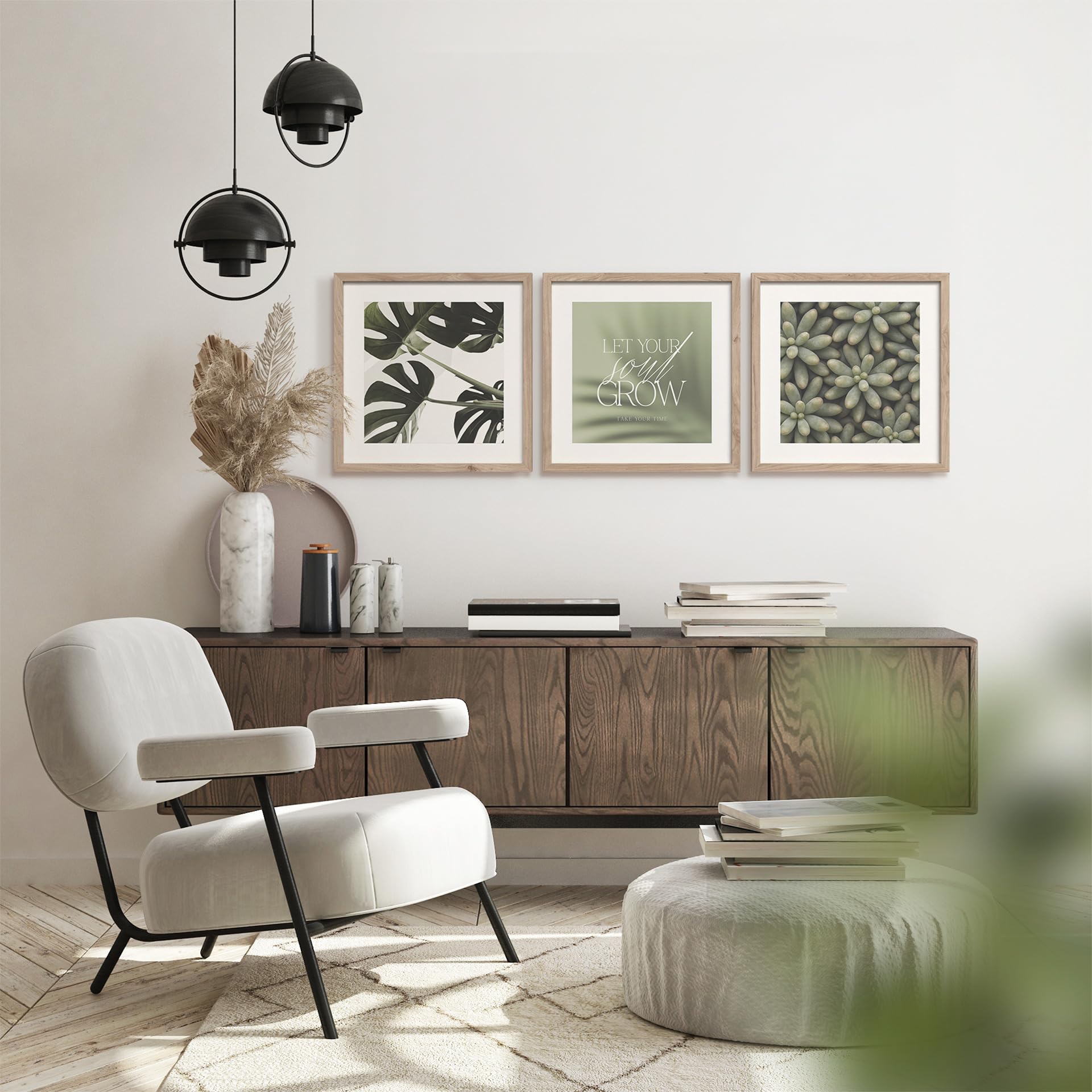 STYLER Zestaw obrazów Soul Grow 3 x 30 x 30 cm (gotowy do zawieszenia), z wysokiej jakości drewnianą ramą, zielono-beżowe, botaniczne obrazy ścienne w stylu boho, monstera, minimalistyczne, nowoczesne