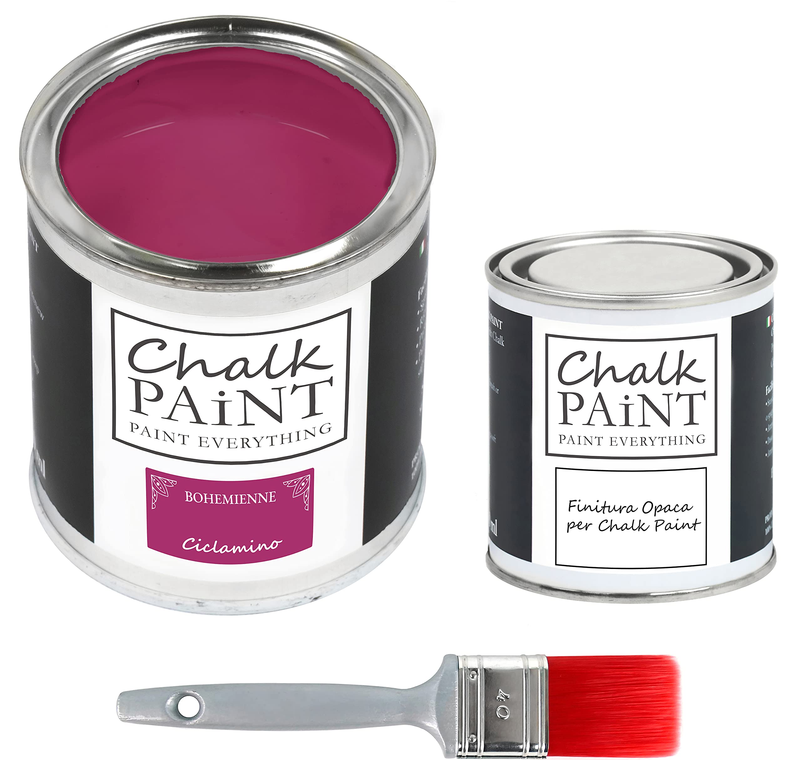 CHALK PAINT EVERYTHING Ciclamino & FINITURA + PENNELLO - Kit Pronto Vernicia e Proteggi (750 ml Colore + 250 ml Finitura + Pennello Professionale 40 mm)