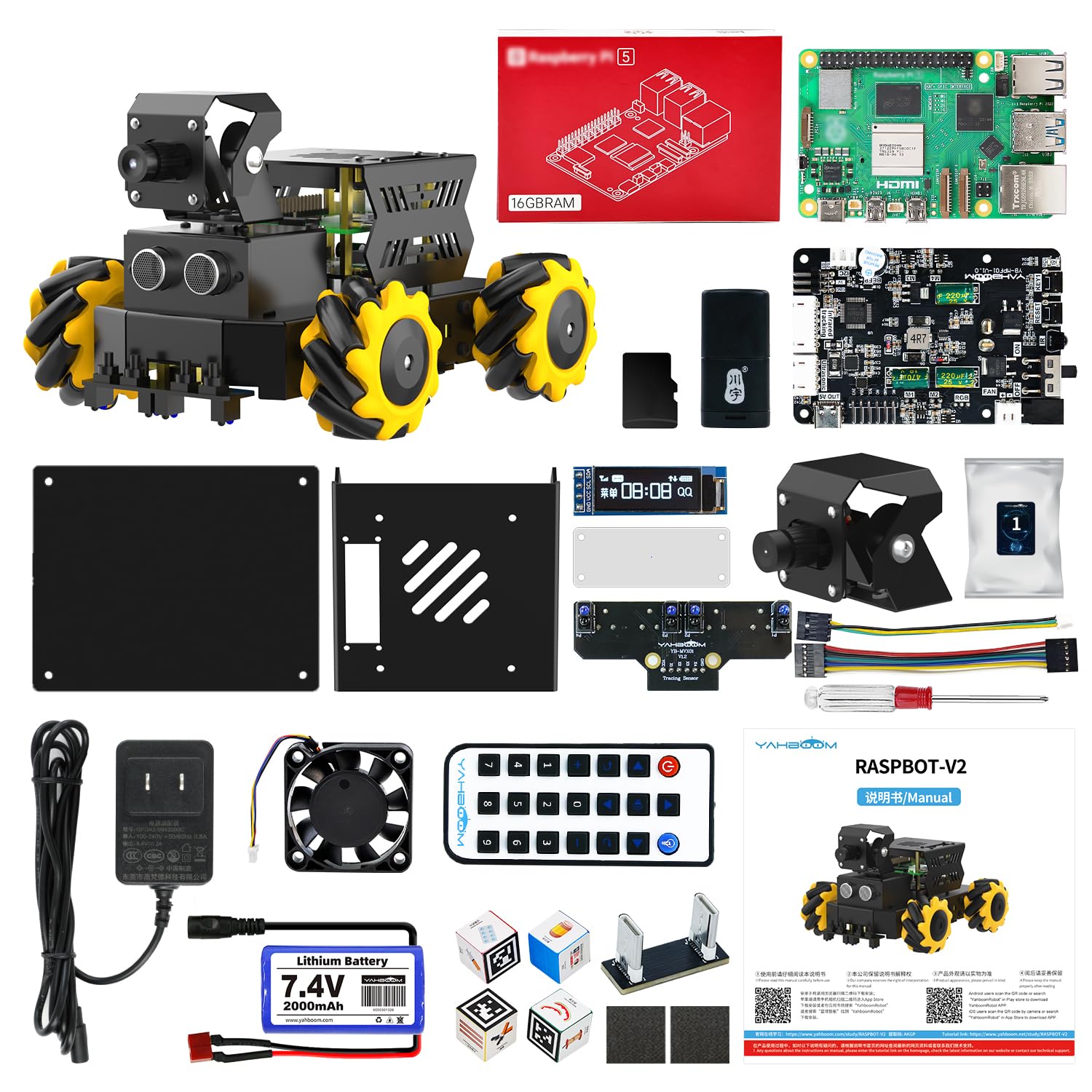 Yahboom AI Vision Robot Pi5-16GB with 2DOF HD Camera Mecanum Wheels Support Python Progamming Open Source DIY Robot Kit for 16+ Teens (with RPi 5-16GB)