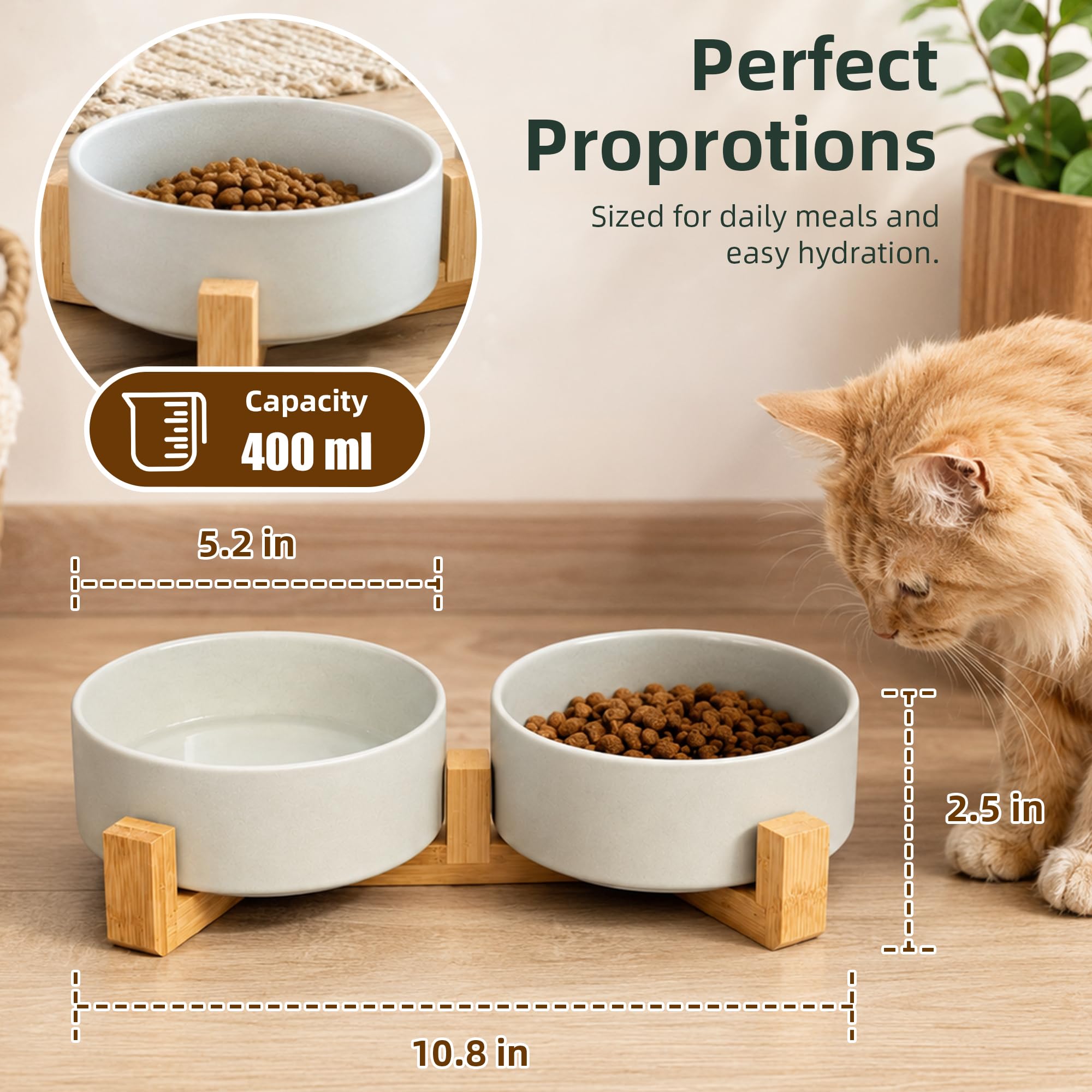 Casfuy Gamelle double antidérapante en céramique pour chien et chat avec support en bambou, 1,7 tasse
