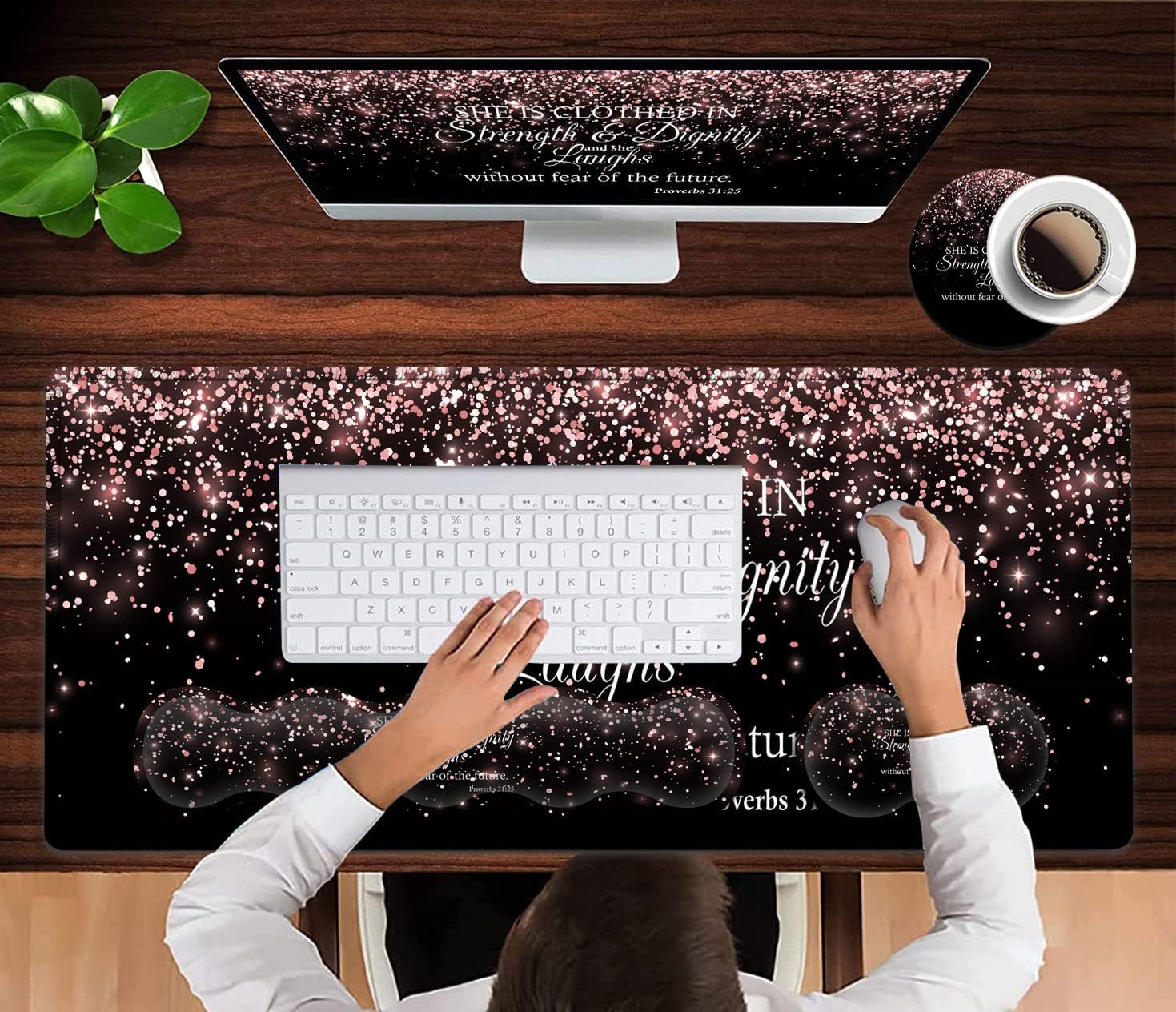 Large Mouse Pad,Ergonomic Mouse Wrist Support+Keyboard Wrist Rest Set+Extended Gaming Mouse Pad Proverbs 31:25 Bible Rose Gold Office Desk Mat Writing Mat Laptop Protector Accessories Black Desk Pad