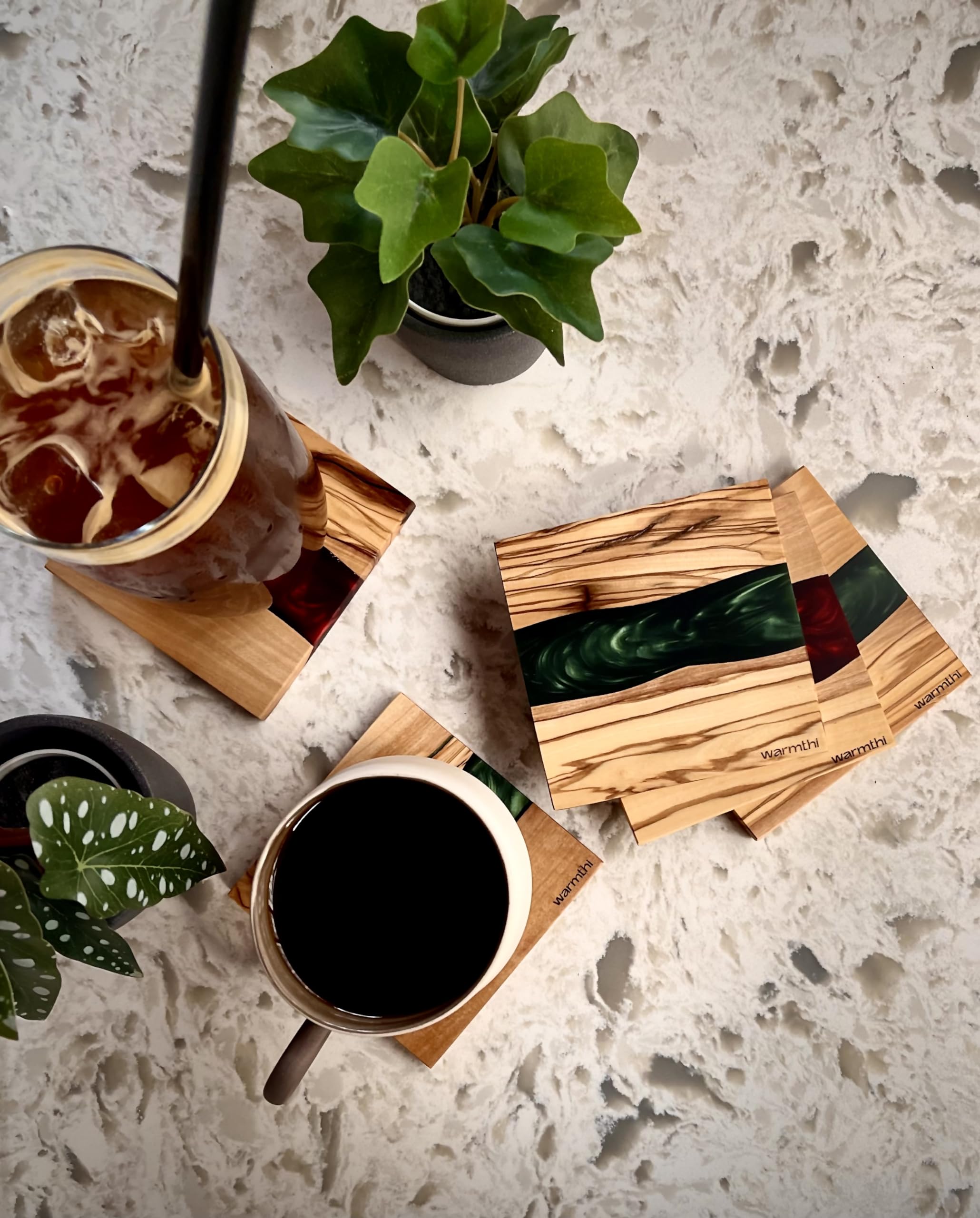 Warmthi Drink Coaster Set of 6, Square Red and Green, Handmade with Olive Wood and Epoxy Resin - Image 4