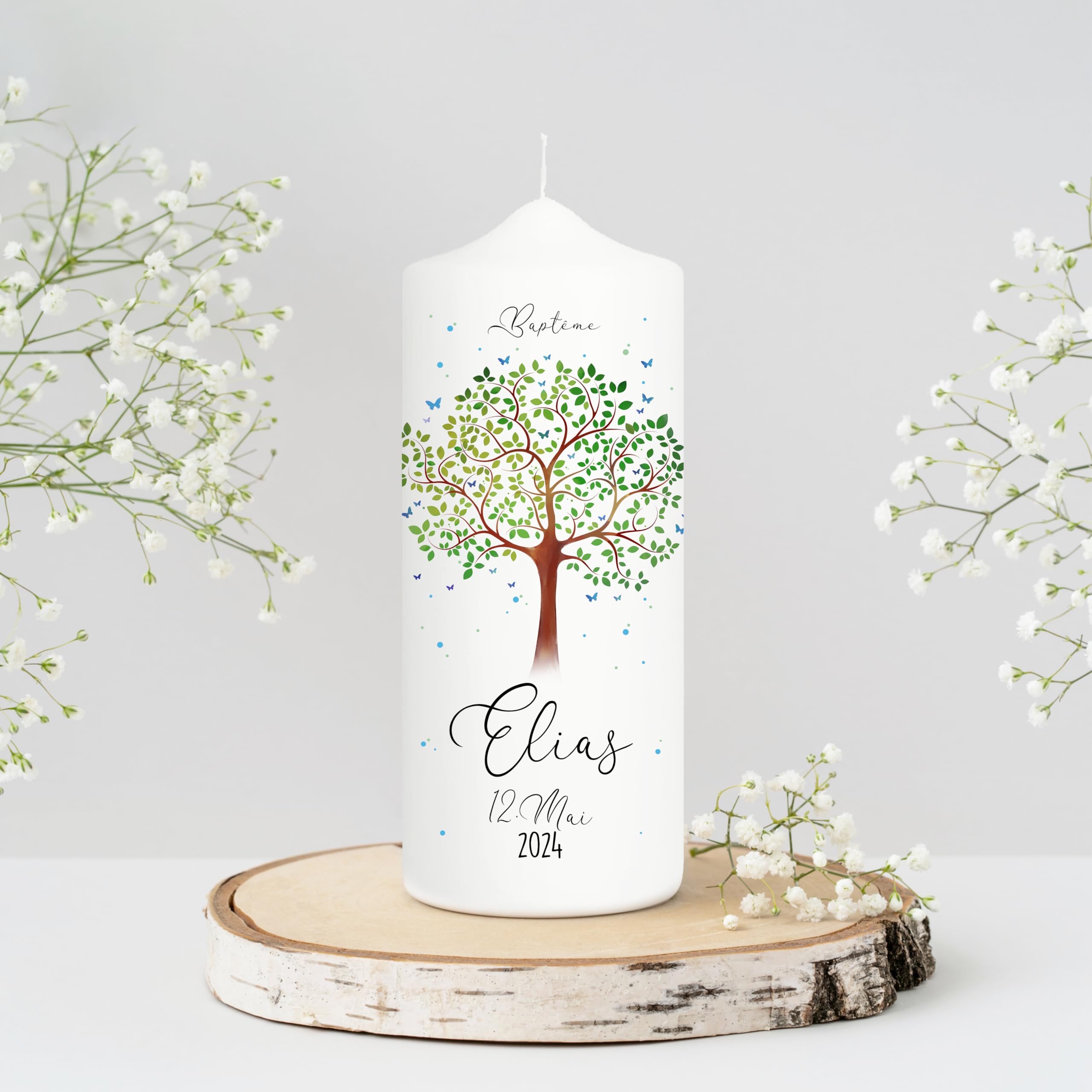 Wandtattoo Loft Cierge de baptême pour garçon et fille arbre de vie, cierge de parrainage 18x7 cm, avec nom et date