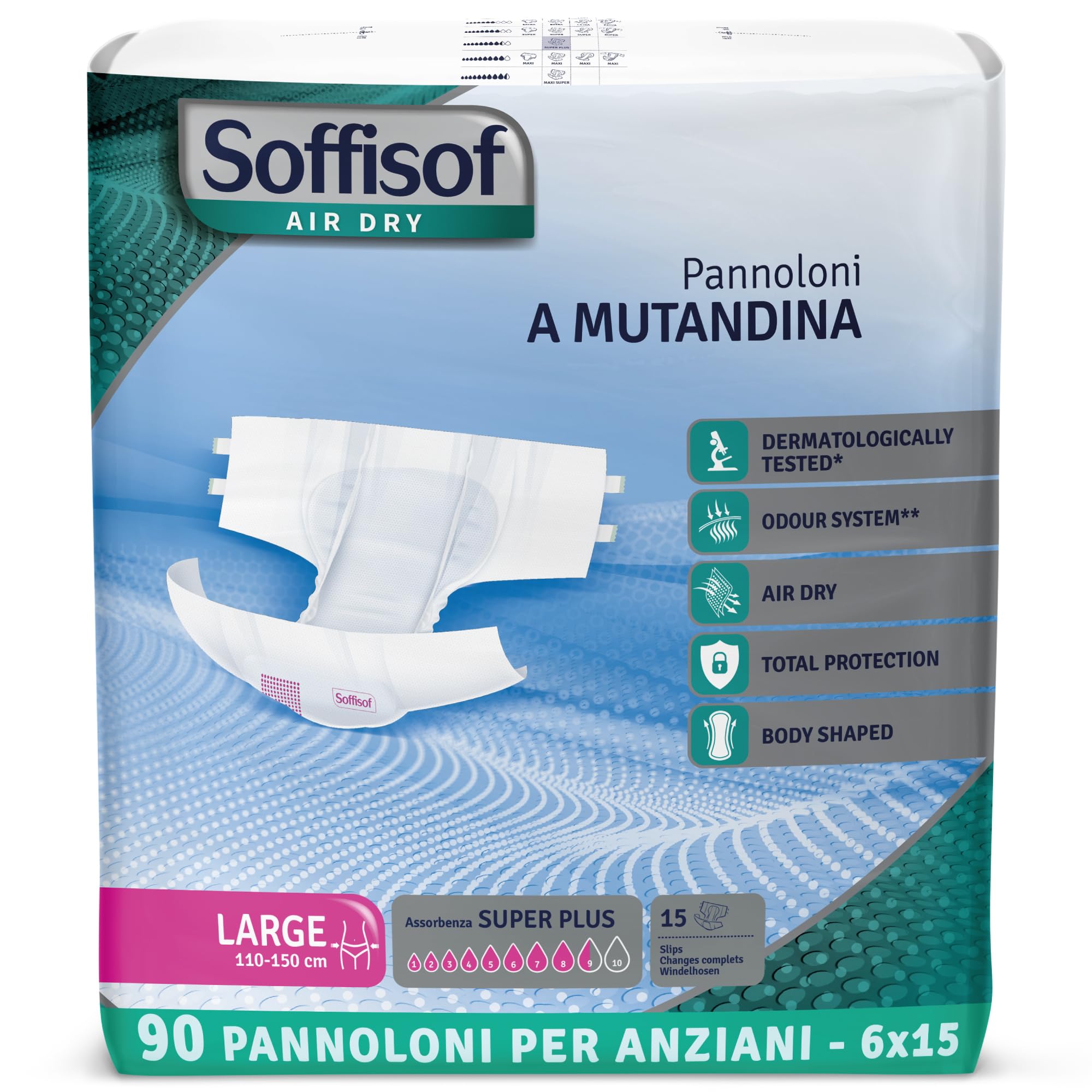 Soffisof Air Dry Pannoloni con Adesivi Super Plus L - 90x Pannoloni per Anziani a Mutandina - 6 Confezioni da 15 Pezzi, Assorbenza fino a 8,5 Gocce - Ausili Incontinenza Uomo e Donna