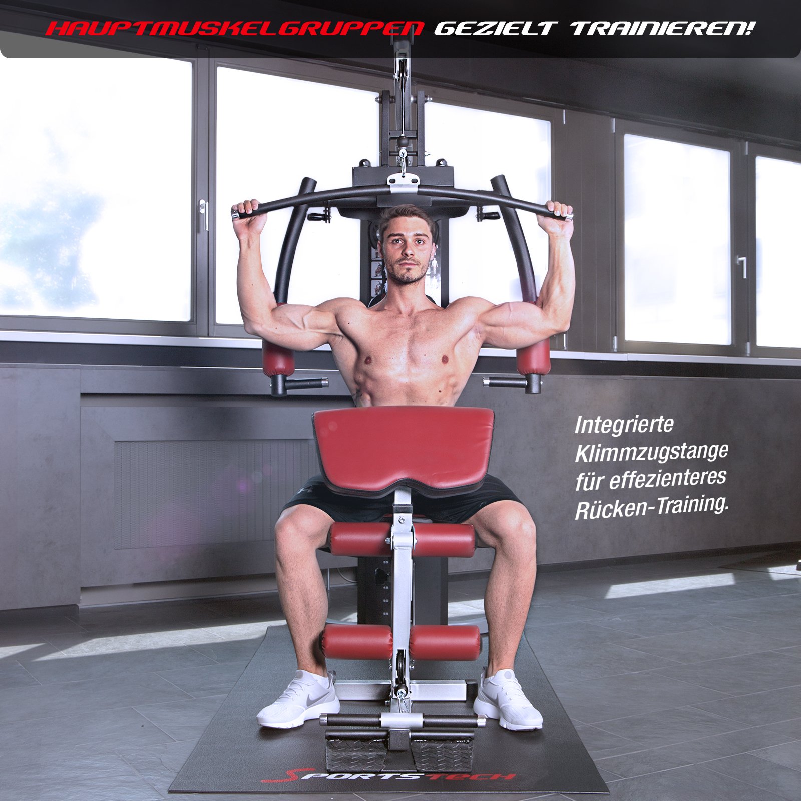 Sportstech Kraftstation HGX100/HGX300 Multifunktions-Homegym – über 45 Übungen Ganzkörper, Latzugturm, Kabelturm, Butterfly, Bankdrücken & Beinstrecker, bis 80 kg Gewichtsblock, für Zuhause