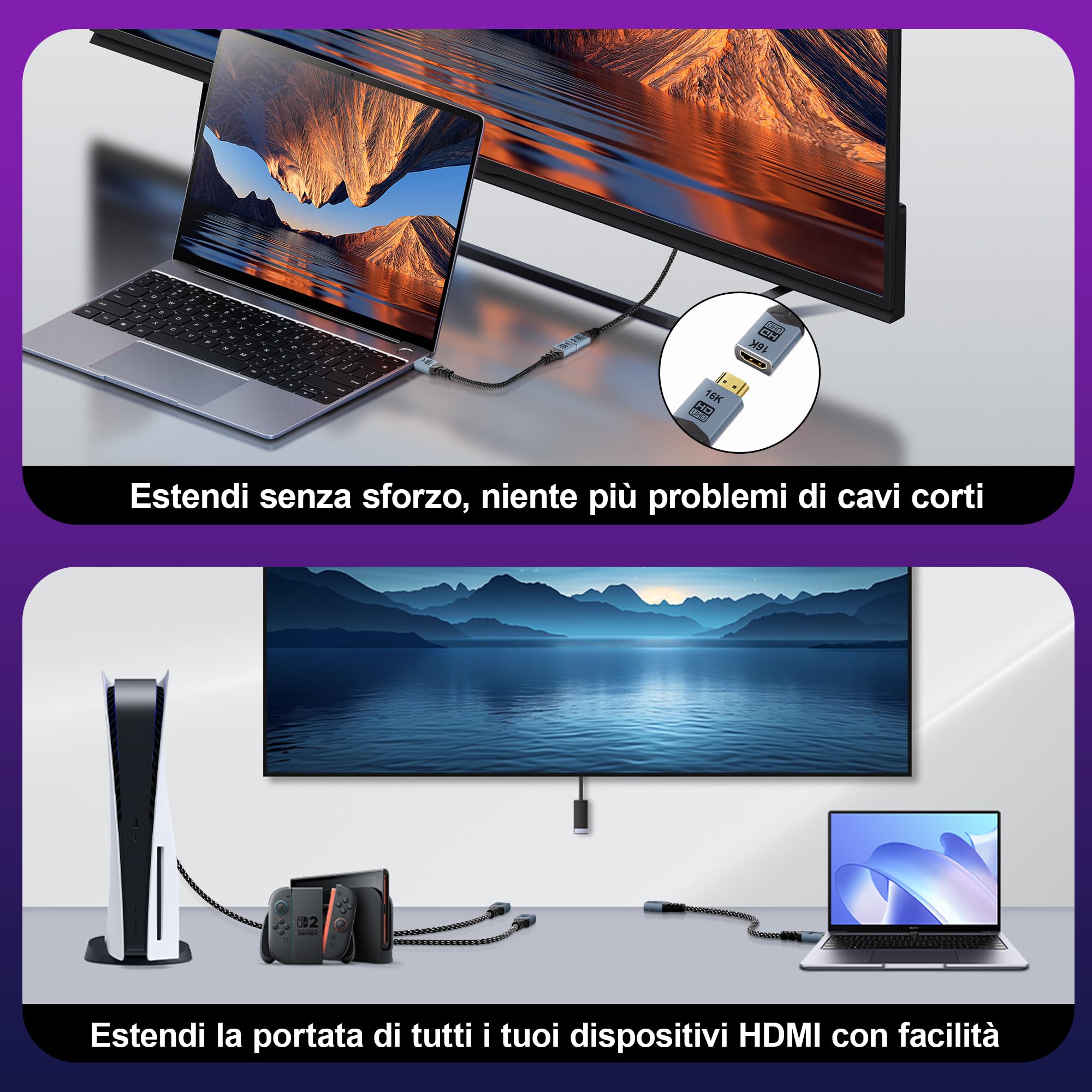 [Lotto da 2 Cavo di Prolunga HDMI 16K 2M,8K@120Hz,4K@240Hz/480Hz,Ultra alta velocità 96 Gbit/s,Cavo di estensione maschio-femmina,Compatibile con HDTV,Laptop,Series X,Chromecast,TV Stick