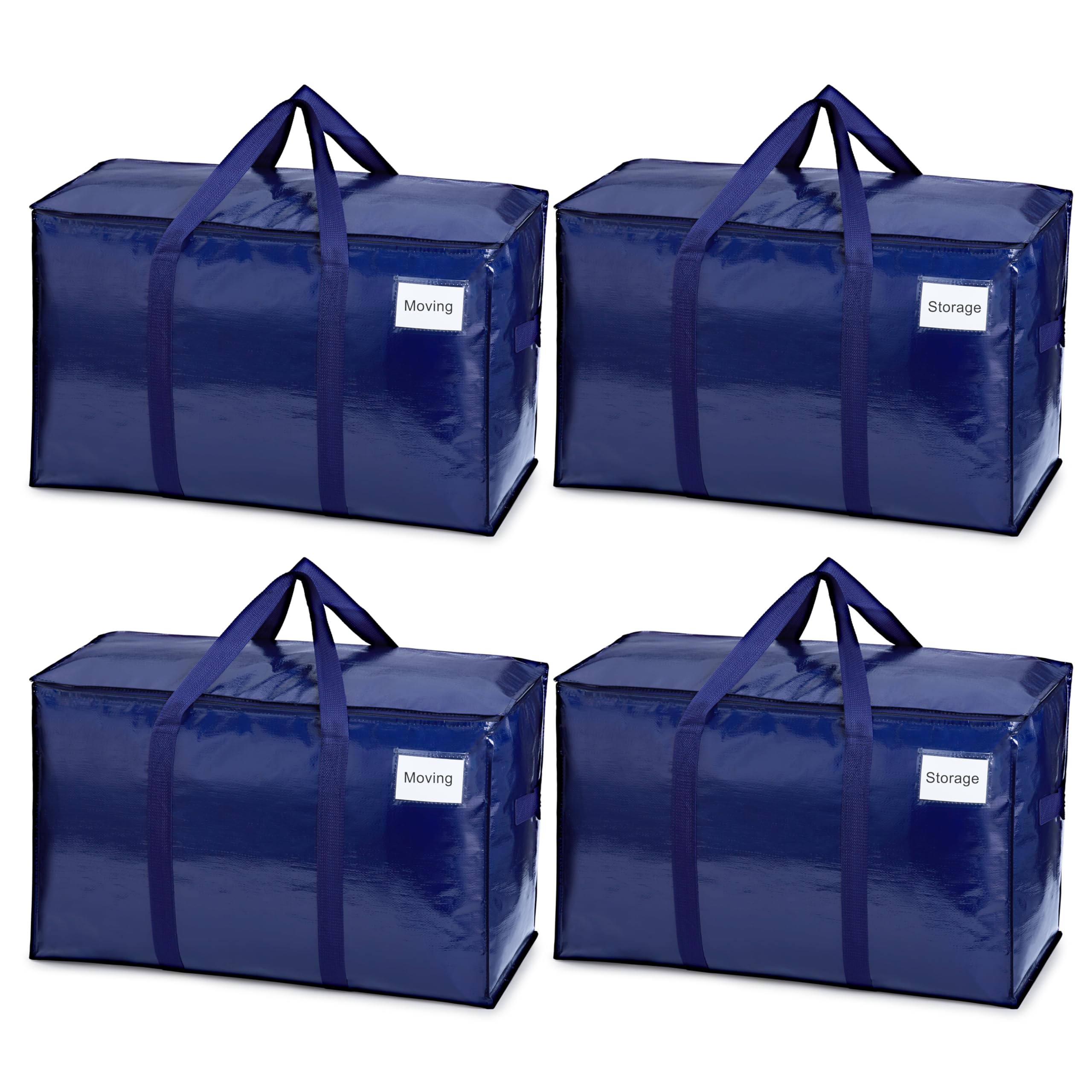 VENO 4 Pack Extra Large Moving Storage Bags with Zips, Heavy-Duty Organizer Tote, Moving Box Alternative, Packing Supplies, Clothes Storage Bin, Tag Pocket for Label, Water-Resistant (Blue, 4 Pack)