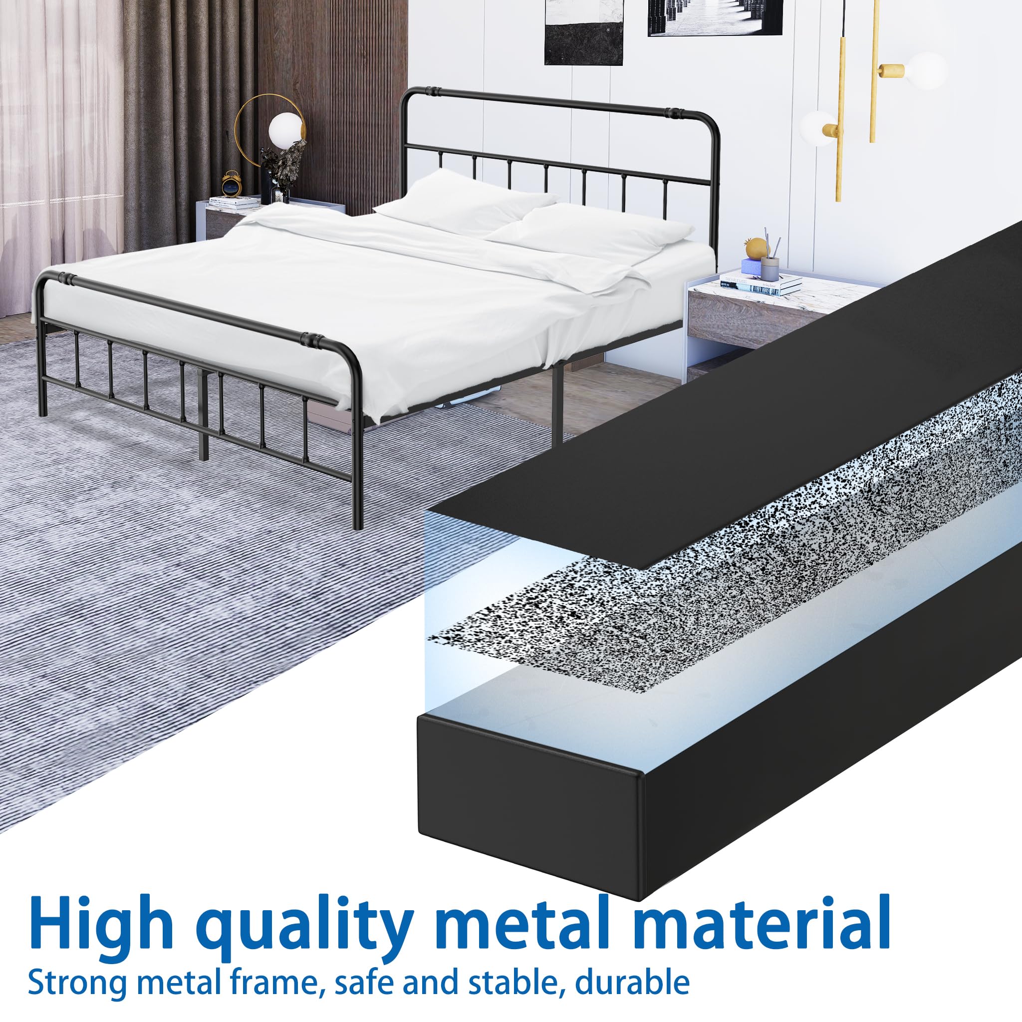 NAIZY Estructura de cama de 160 x 200 cm, con respaldo de metal, marco de cama con somier, cama de metal de 42 cm de altura, para dormitorio y habitación de invitados