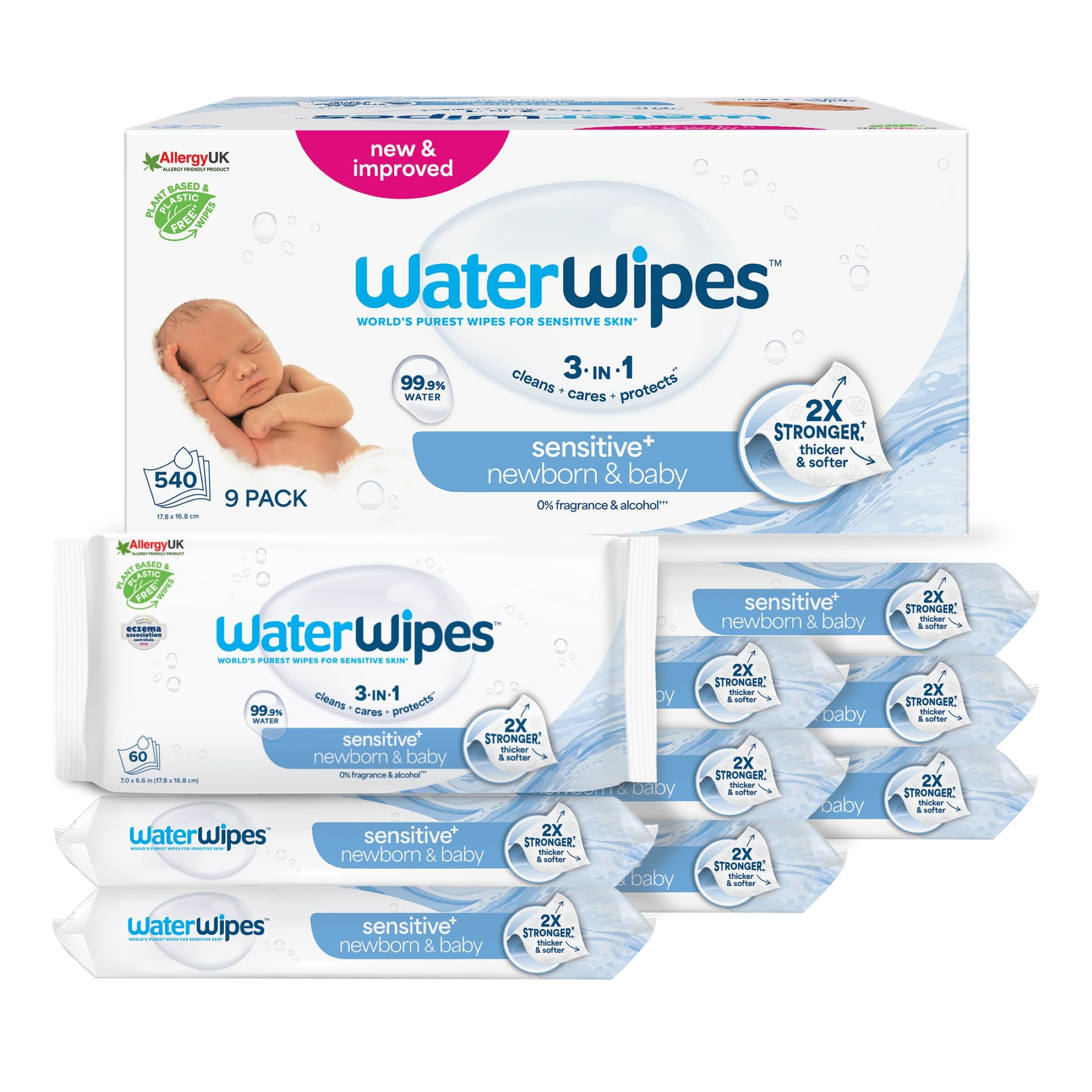 WaterWipes Sensitive+ Newborn & Baby Wipes, 99.9% Water, Unscented, 9 Pack