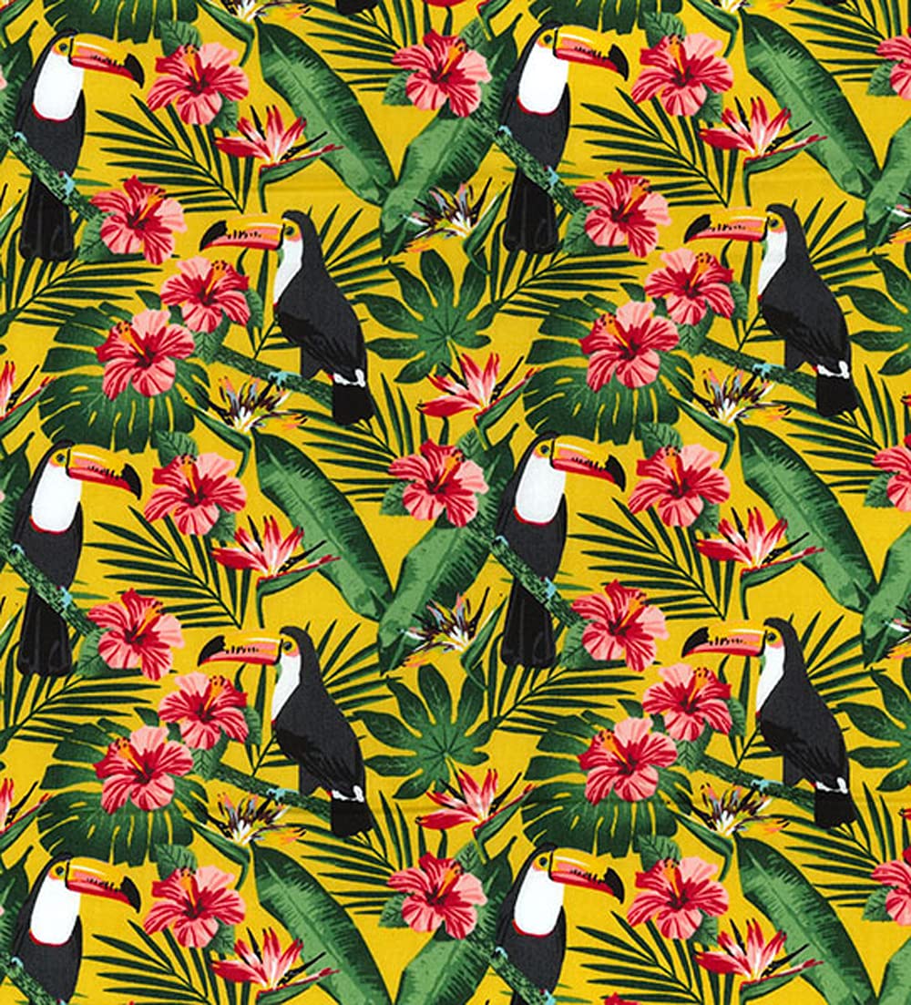 Glamour Secrets Yellow 100% Cotton Fabric - Toucan Tropical Bird Hibiscus & Palm Leaf On - Craft Fabric Material Metre