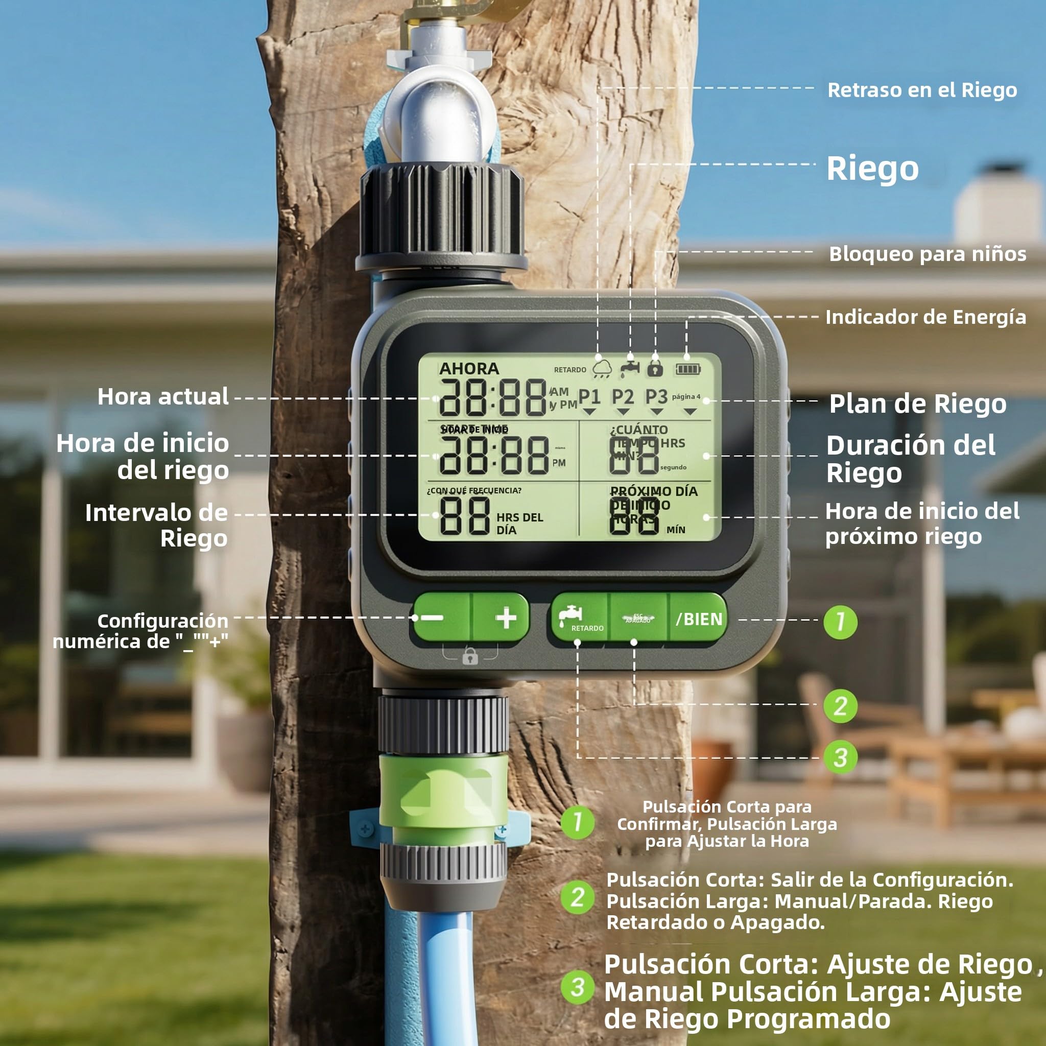Temporizador de riego automático con Gran Pantalla LCD – Modo Manual/automático, función de retardo por Lluvia