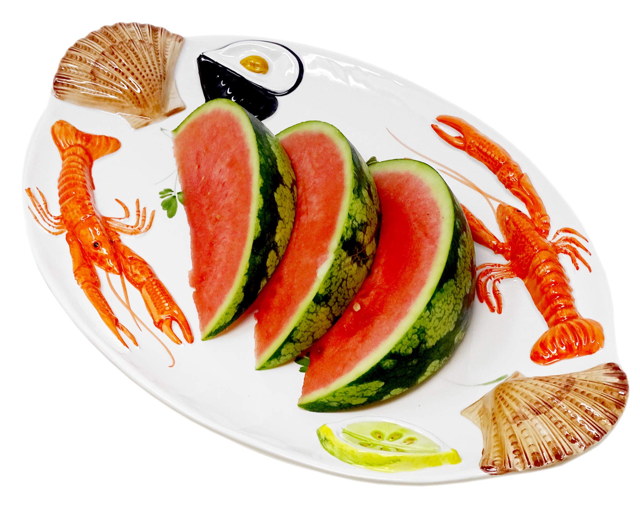 Lashuma Piatto da Portata Ovale Fatto a Mano in Ceramica Italiana a Forma di Frutti di Mare, Grande Piatto da Portata 50 x 32 cm