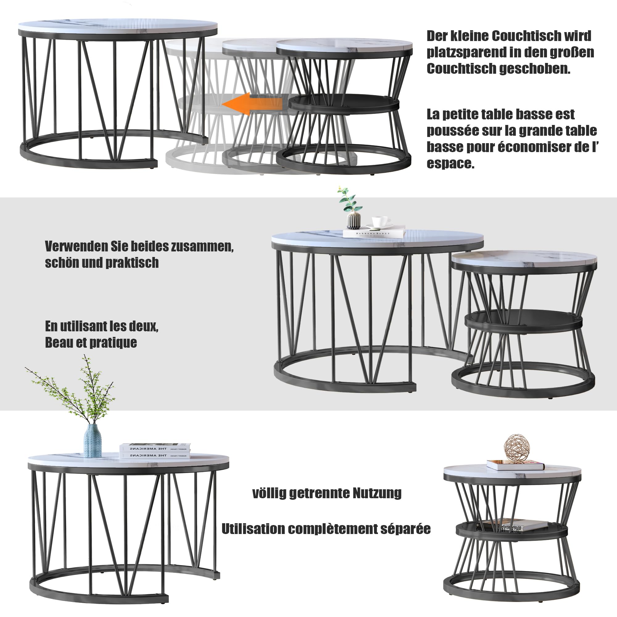 BRILVERDE Set di 2 tavolini rotondi, con vano portaoggetti, effetto marmo e struttura in metallo, per soggiorno, balcone (nero)