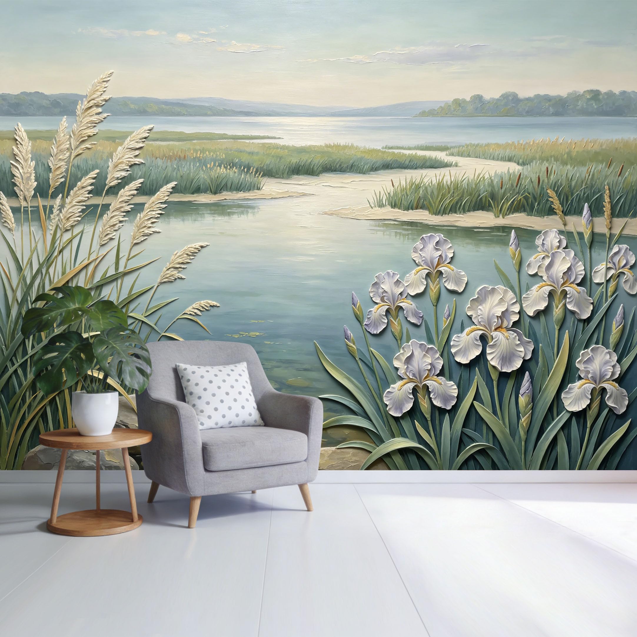 Custom Size Wall Mural Tranquil Lake Landscape with White Iris Flowers and Reeds Botanical Watercolor Style SelfAdhesive Wall Fabric Removable Wallpaper for Home Office Decor