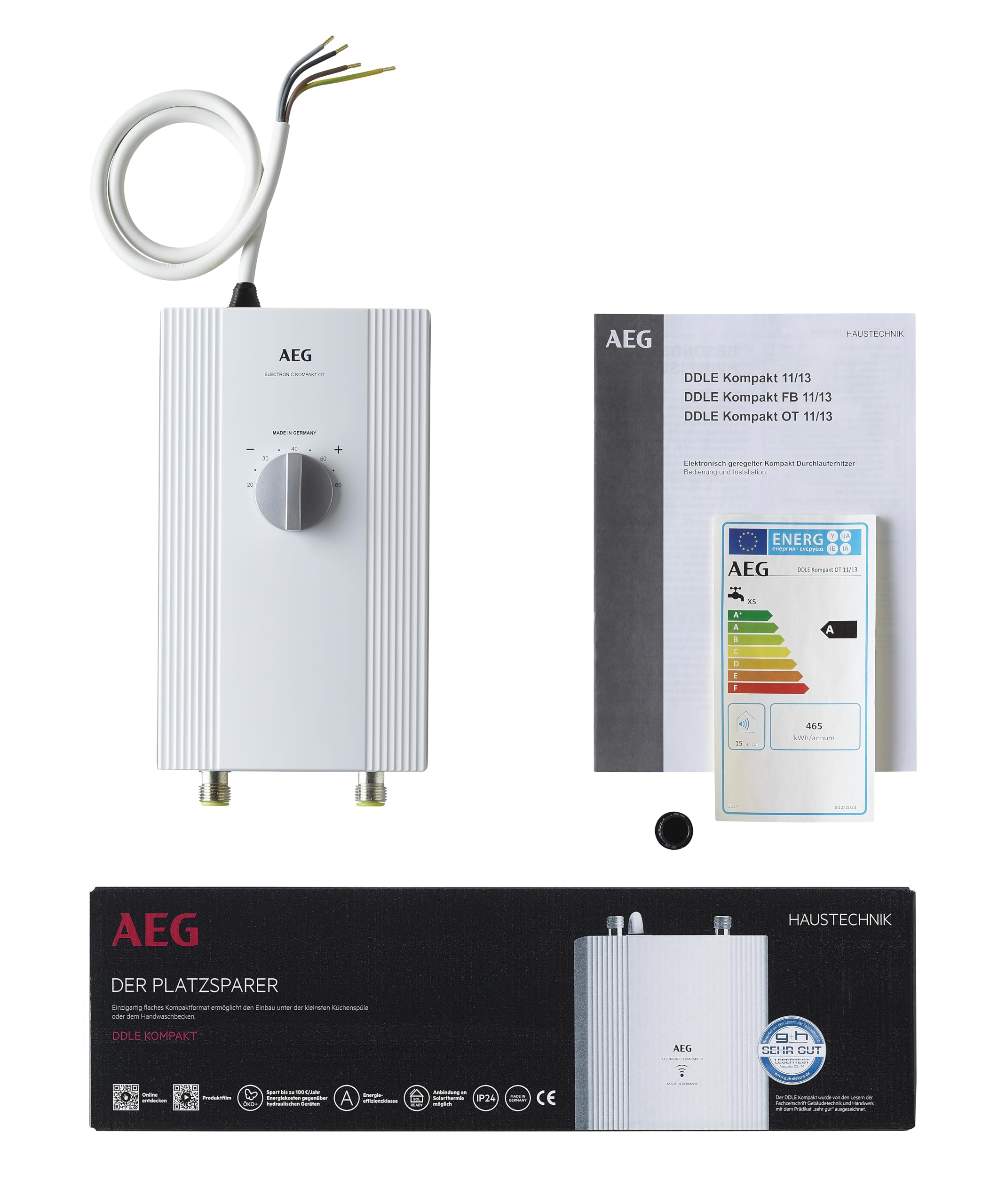 AEG elektronischer Kompakt-Durchlauferhitzer DDLE Kompakt OT 11/13 kW für die Küche, Made in Germany, Starkstromanschluss 400 V, solargeeignet, Übertischmontage, VDE geprüft, 232793