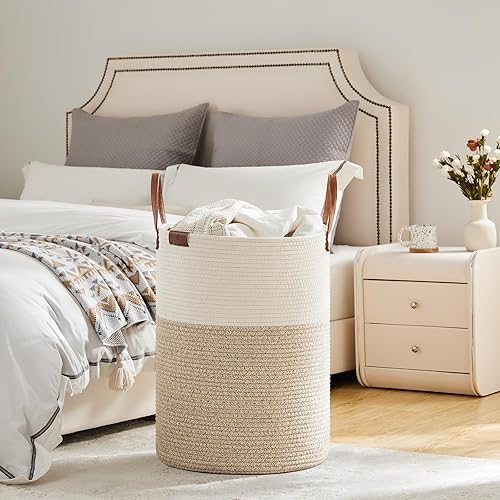 Miniatura 4 de VIPOSCO Cesta alta para ropa sucia, cesta grande para ropa sucia con mango de cuero, cesta de almacenamiento de cuerda tejida para manta, juguete en