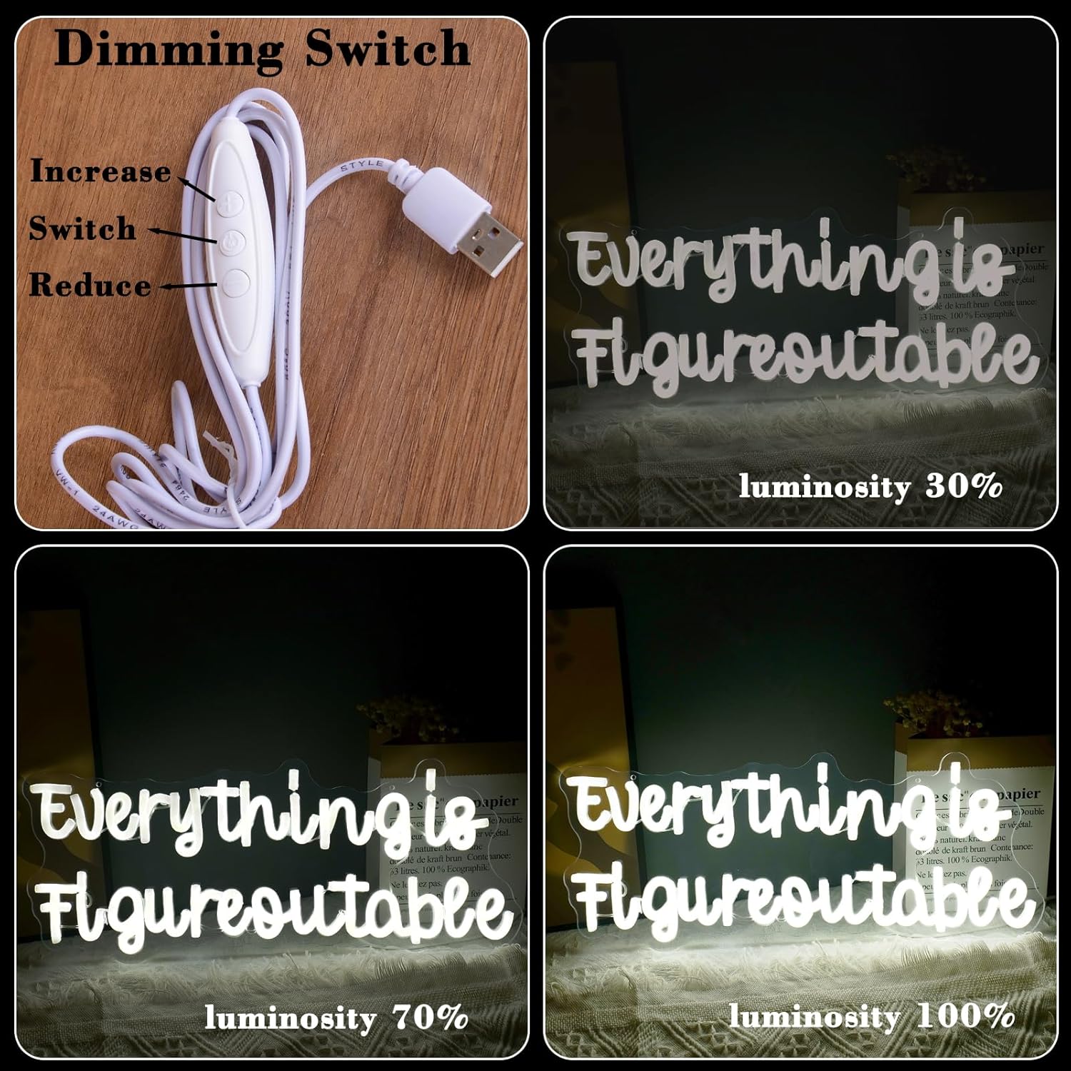 Everything is Figureoutable Neon Sign, Inspirational LED Decorations for Home Office School Room Desk Wall Art Decor,Reusable Acrylic White Neon Lights Gift for Woman, Man
