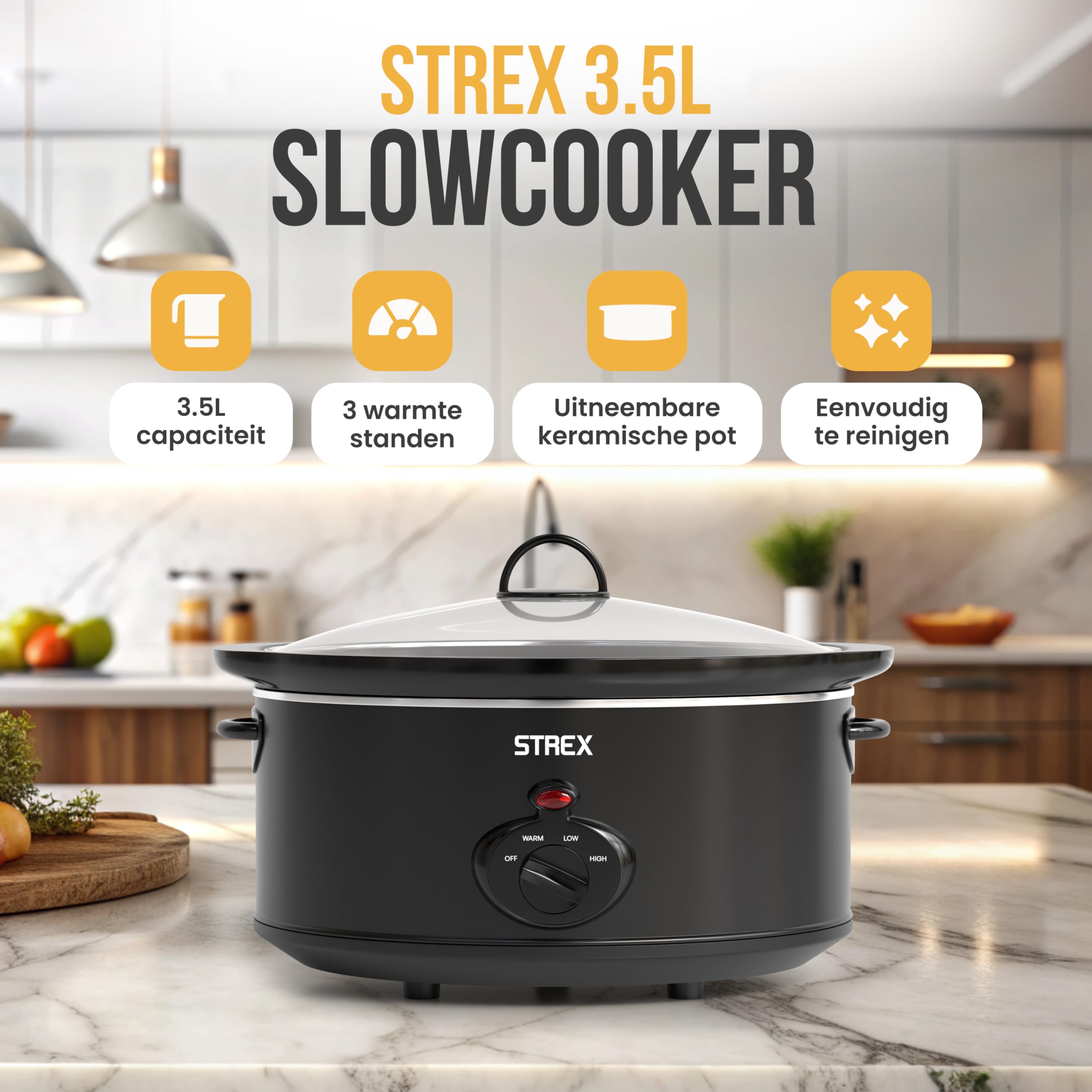 Strex Olla de cocción lenta 3.5L - Sartén interior de cerámica extraíble - Función mantener caliente - olla de cocción lenta - Negro