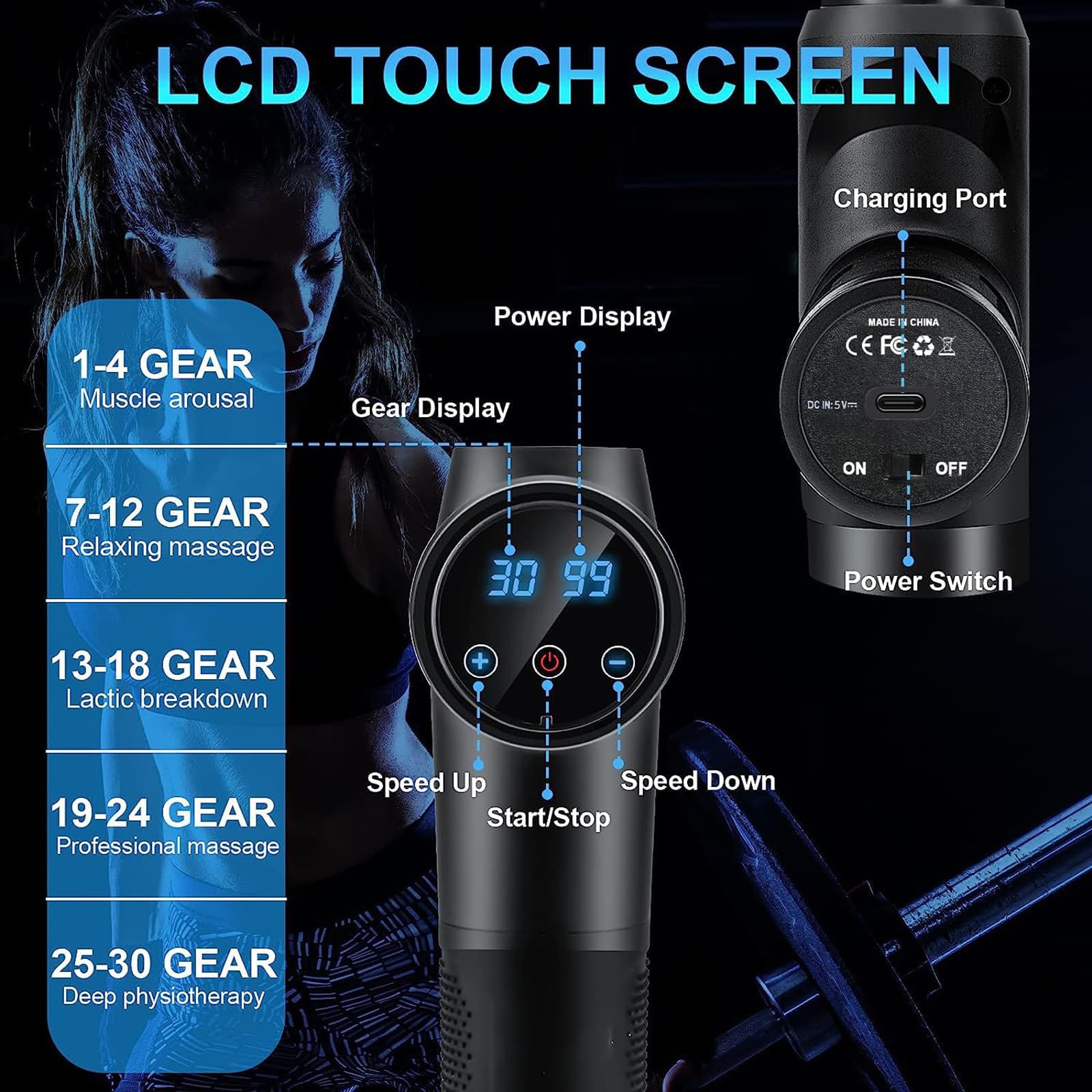 Pistola de Masaje Muscular, Masajeador Profesional con 30 Velocidades para Masaje Profundo, Pantalla Táctil LCD y 10 Cabezales para Espalda, Hombros, Piernas, Regalo para Hombre y Mujer (Negro)