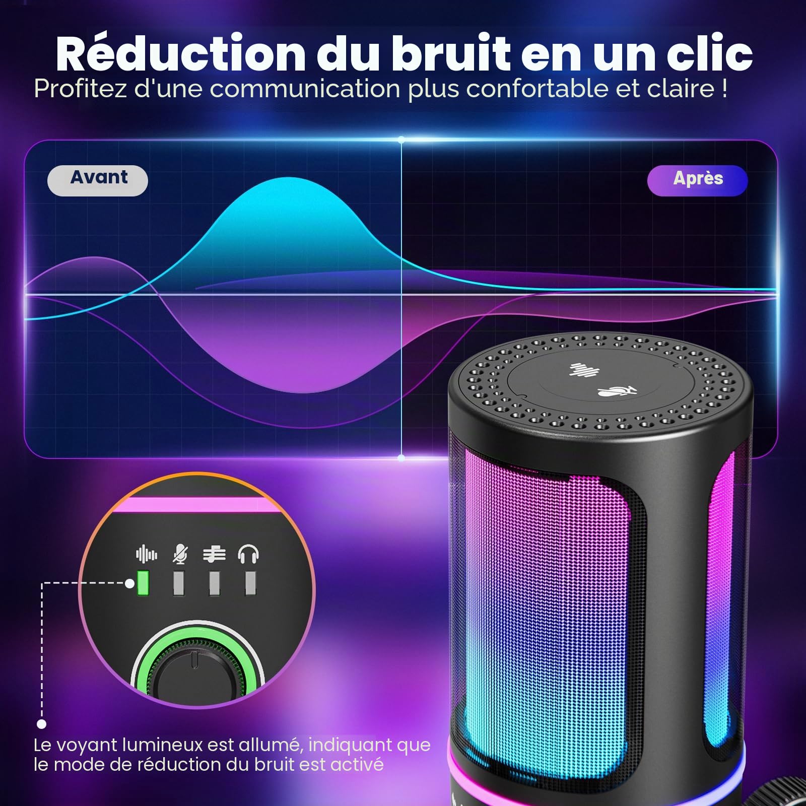 SINWE Micro Gaming USB avec Réduction du Bruit et Contrôle du Gain - Micro pour PC, PS4/5, Streaming, Gaming et Podcasts - Inclut Filtre Anti-pop, Suspension, Muet Rapide et Éclairage RGB