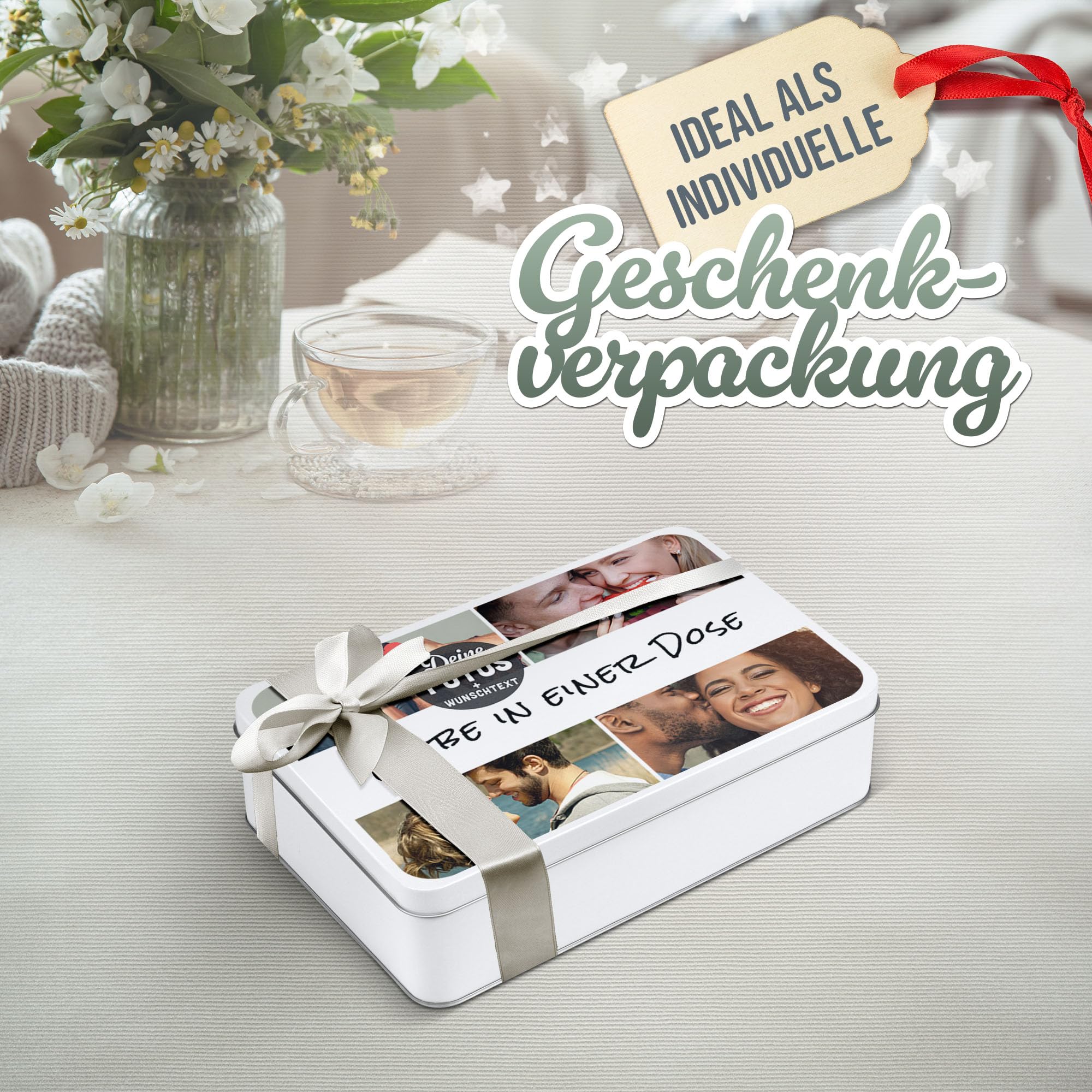 Print Royal PR Geschenkdose selbst gestalten mit 4 Fotos & Text - Blechdose bedrucken, Personalisierte Keksdose - Muttertagsgeschenk, Geburtstag, Weihnachten | Rechteckig weiß, 450 ml