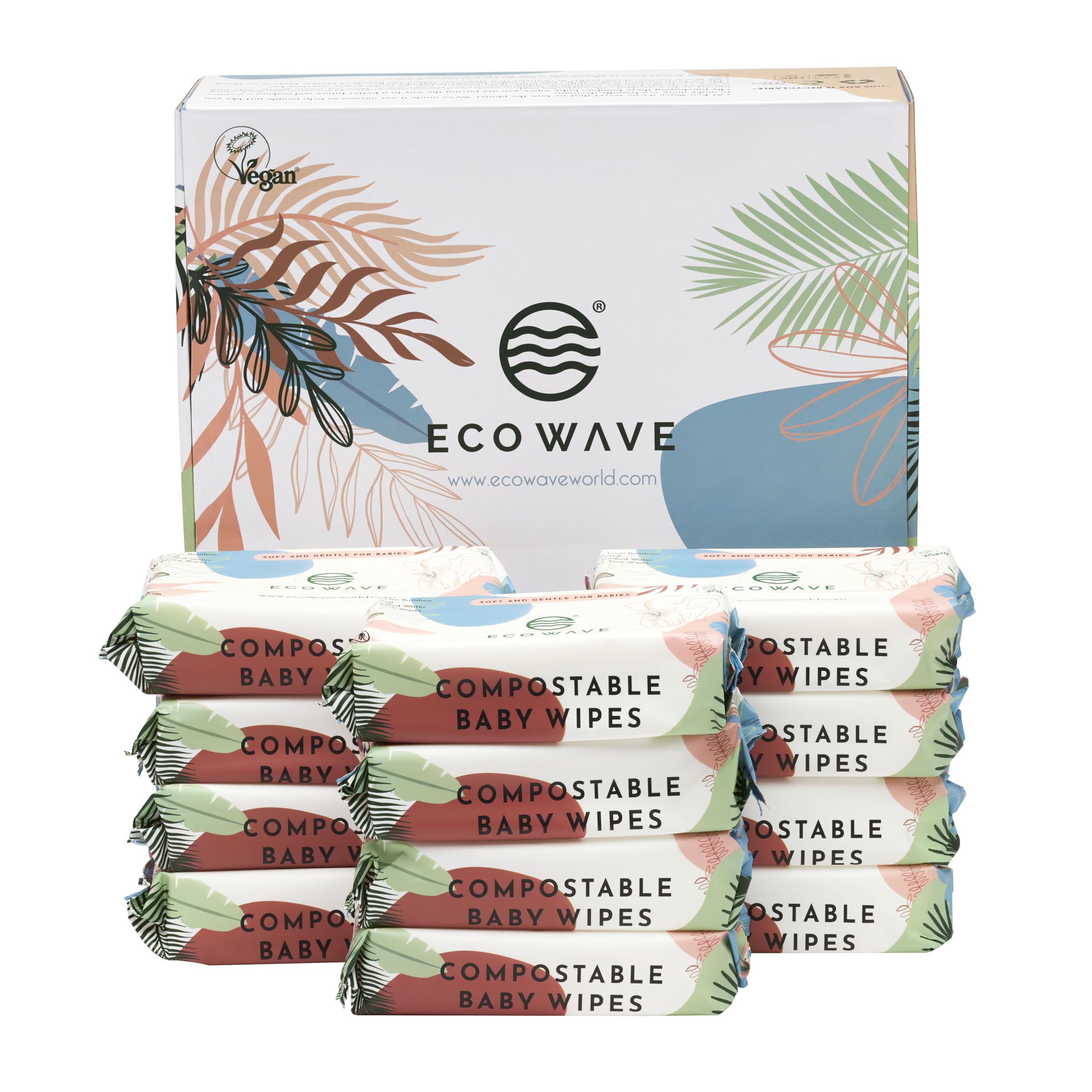 Baby Wipes, 100% Compostable Eco-Friendly Bamboo Wipes, Unscented, Hypoallergenic, Vegan, Alcohol-Free, Suitable For Sensitive Skin (Pack of 12)