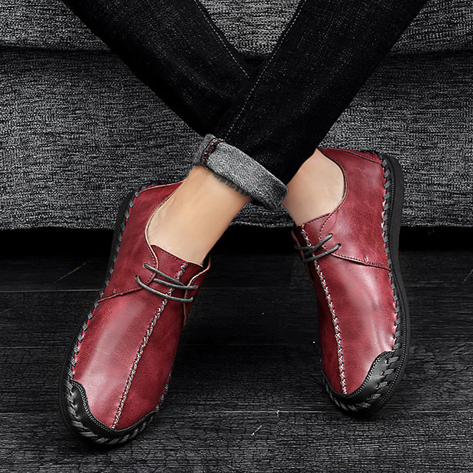 rismart Hombre Mocasine de Cuero Ponte Cosido a Mano Casual Conducción Zapatos de Entrenamiento