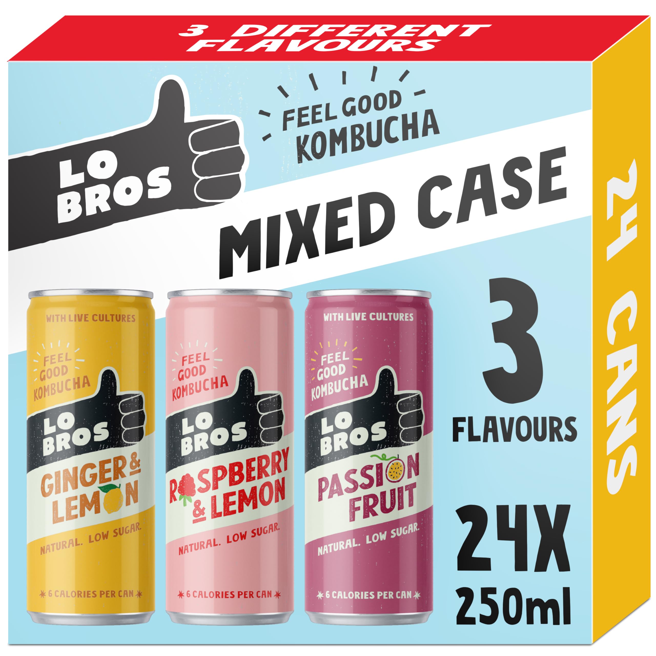 Lo Bros Kombucha - Mixed Pack with 3 Flavours - Sparkling Refreshing Soft Drink with Natural Ingredients and Live Cultures, Supports Gut Health, Low Sugar, Vegan, Gluten Free- 24 x 250ml